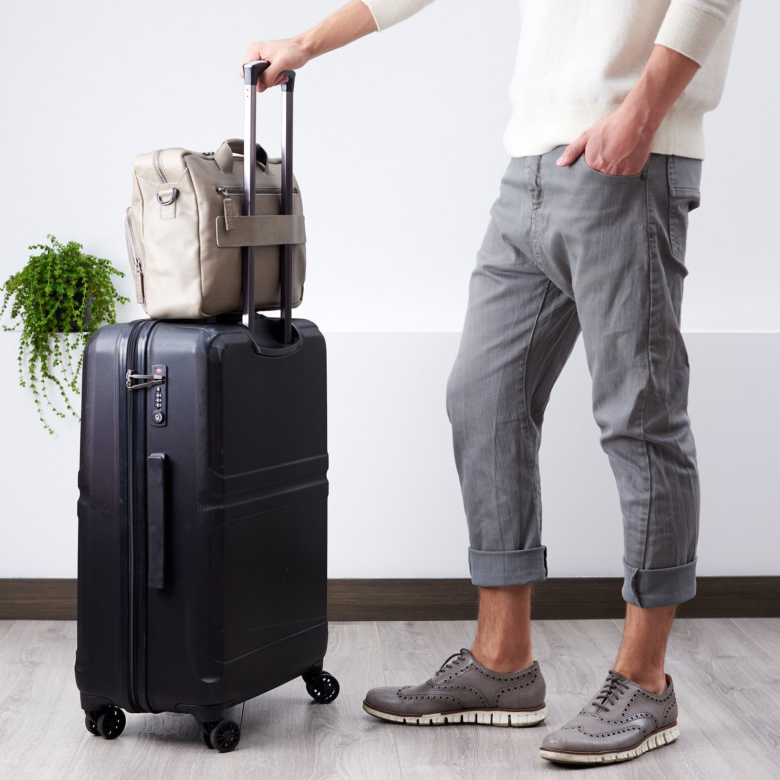 Luggage strap. Grey handmade leather messenger bag for Men by Capra Leather. Commuter bag, mens weekender bag