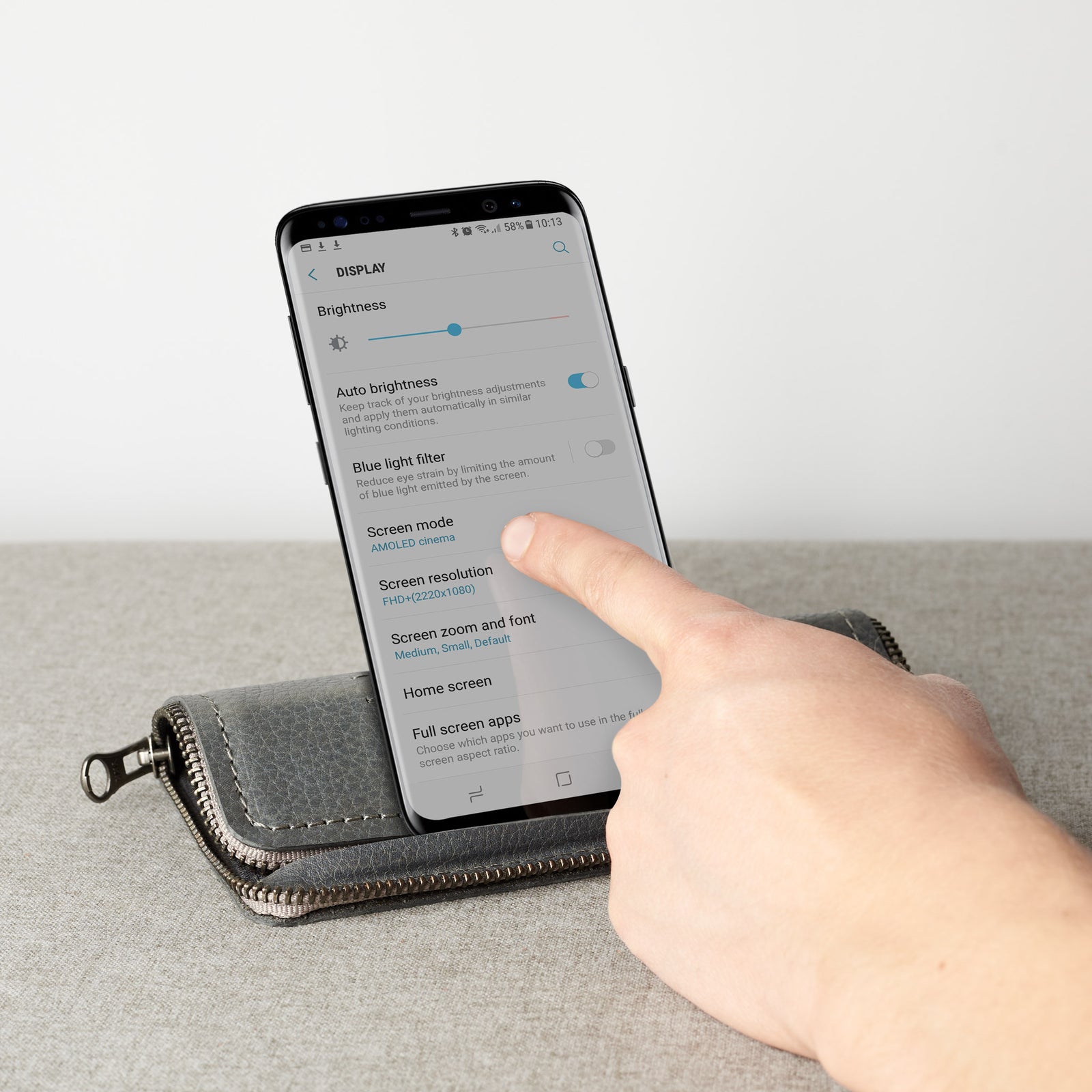 Stand feature. Grey handcrafted leather stand case for the Samsung Galaxy S8 and S8 Plus. Samsung sleeve wallet with card holder