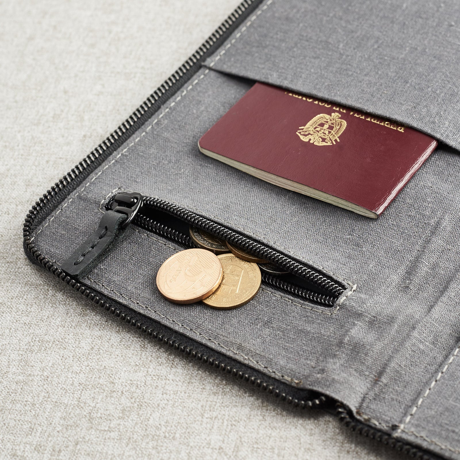 Close up linen interior. Black Passport Holder for travelers, document organizer, travel journal by Capra Leather