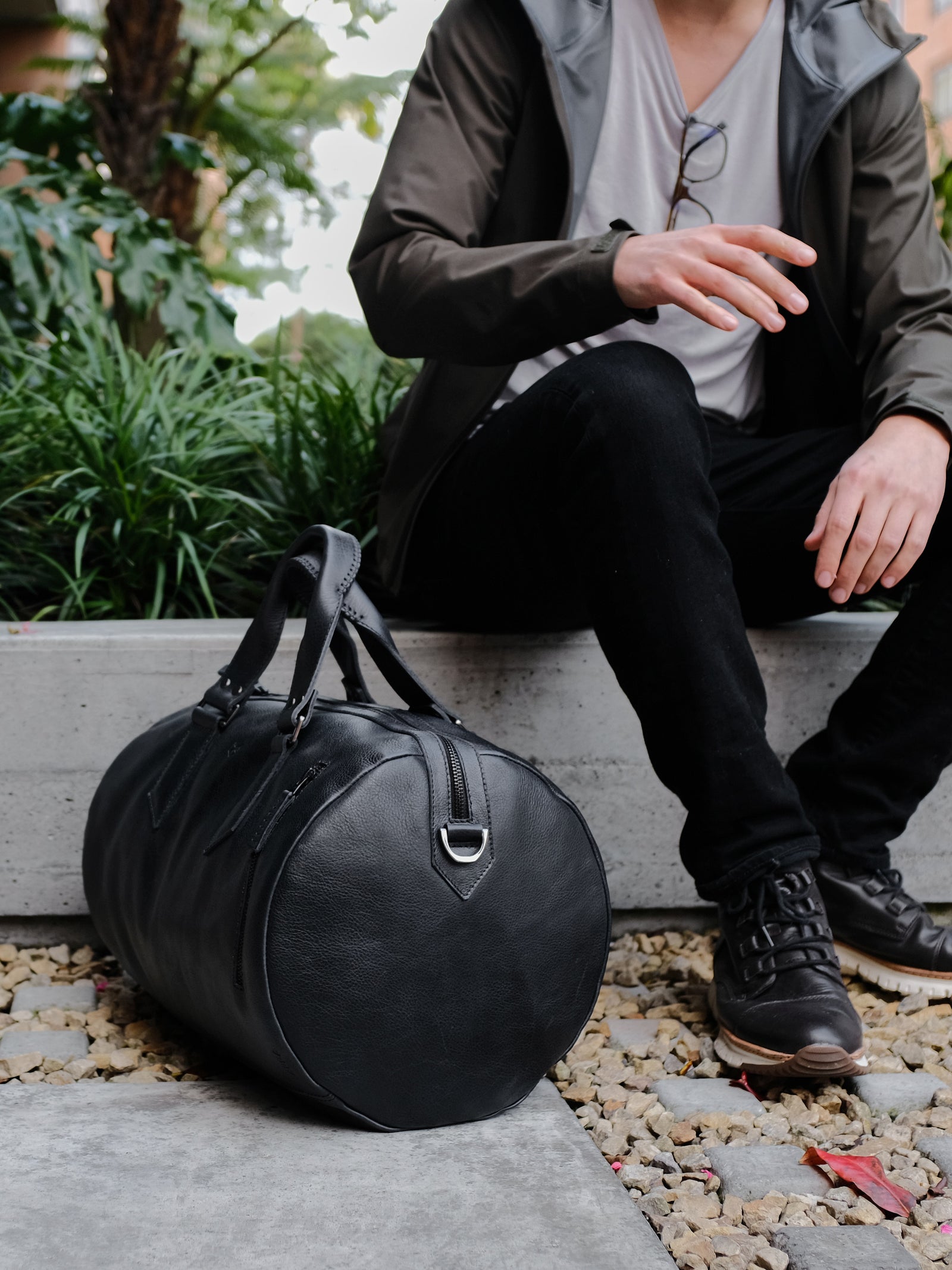 Style. Black leather weekender travel bag. Carry on cabin bag