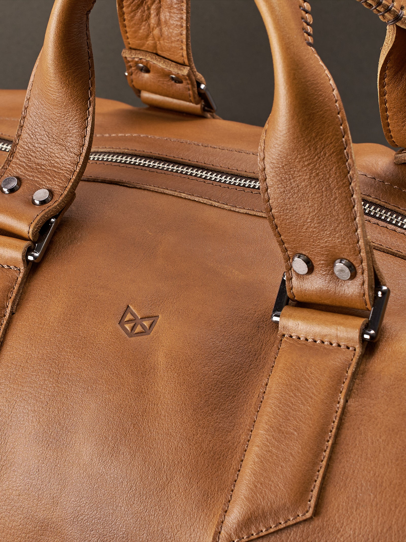 Custom monogram. Handmade Tan brown leather duffle bag for men. Mens designer shoulder bag
