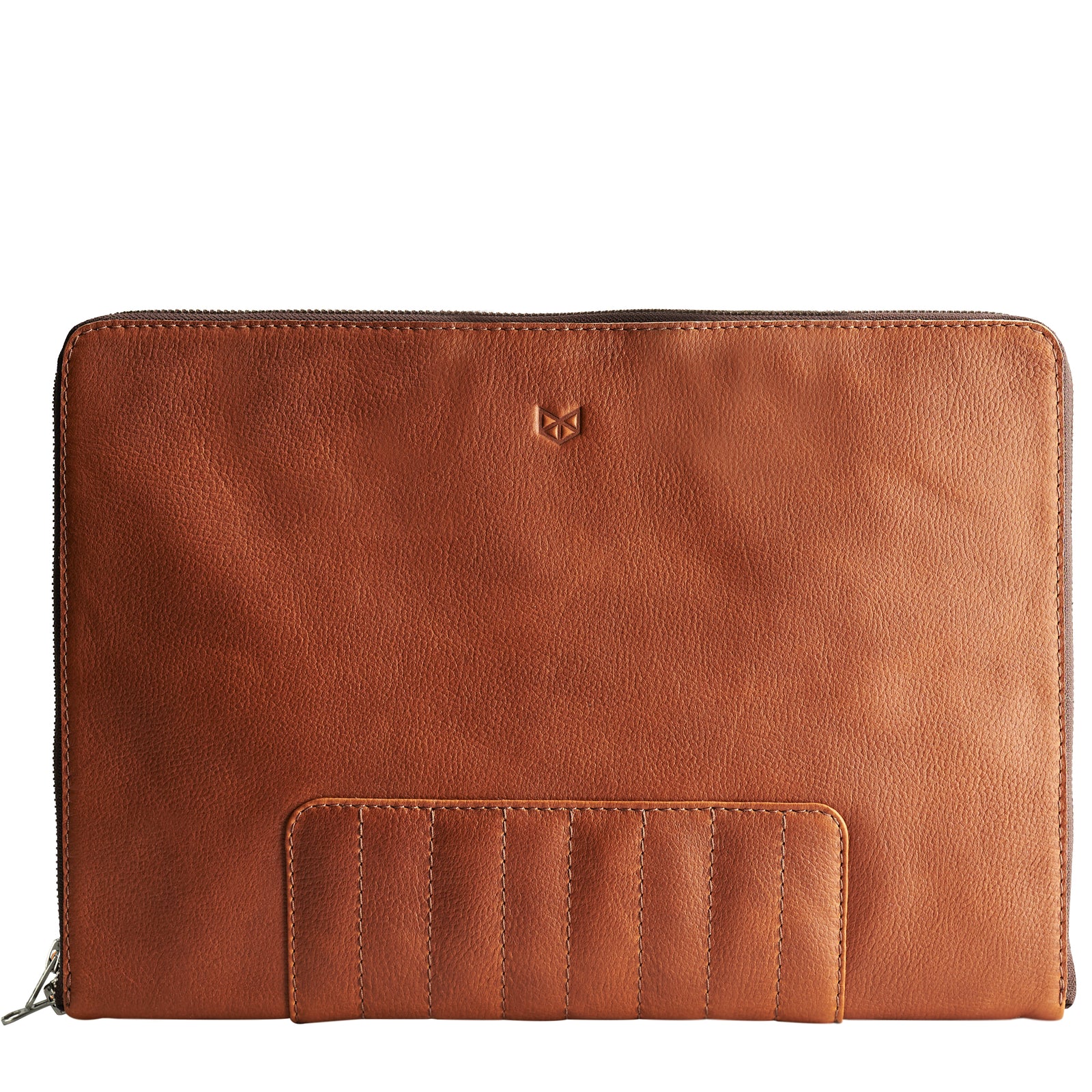 Cover. Tan laptop portfolio. Business document organizer for men.