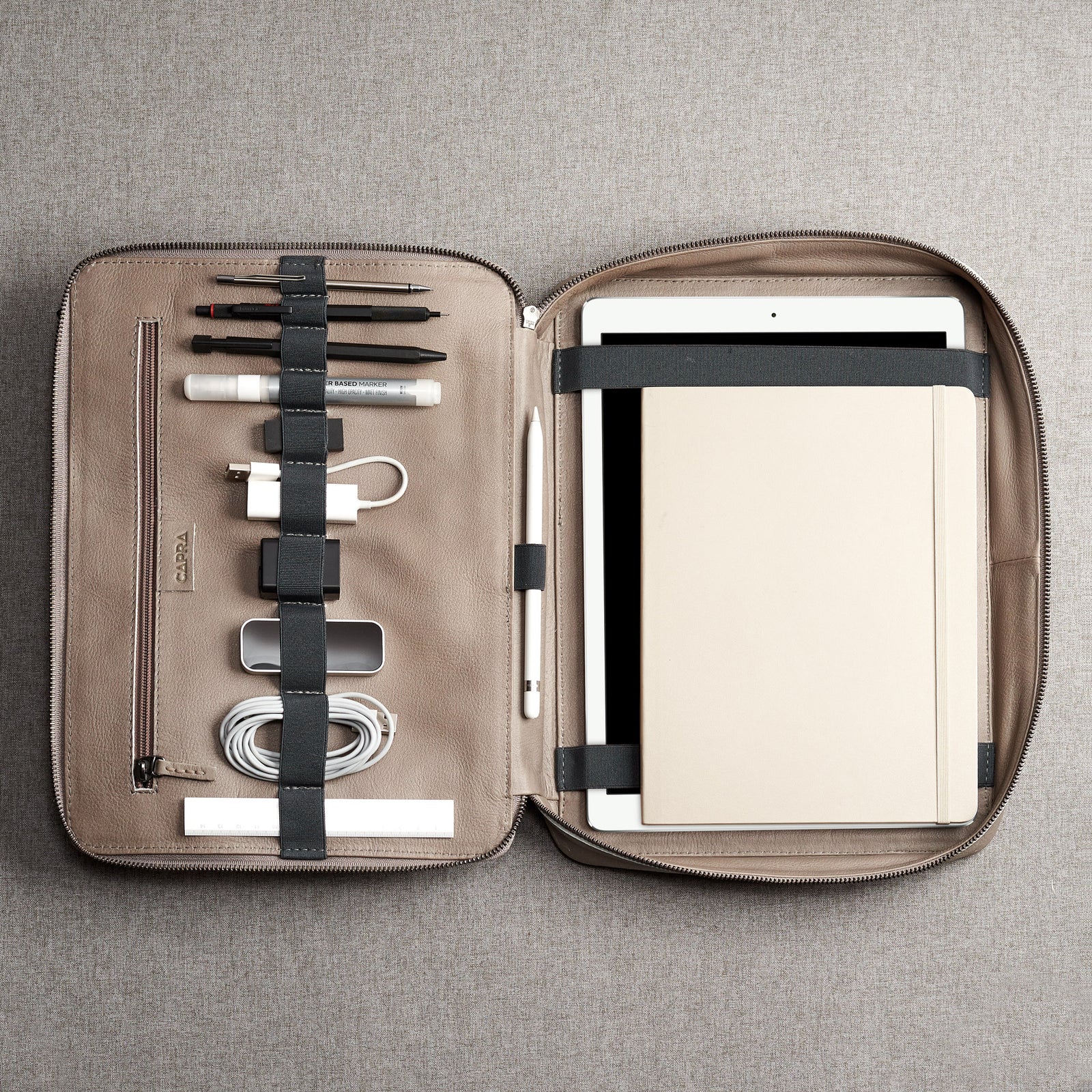Travel electronics organizer with leather interior. Grey large tech pouch by Capra Leather