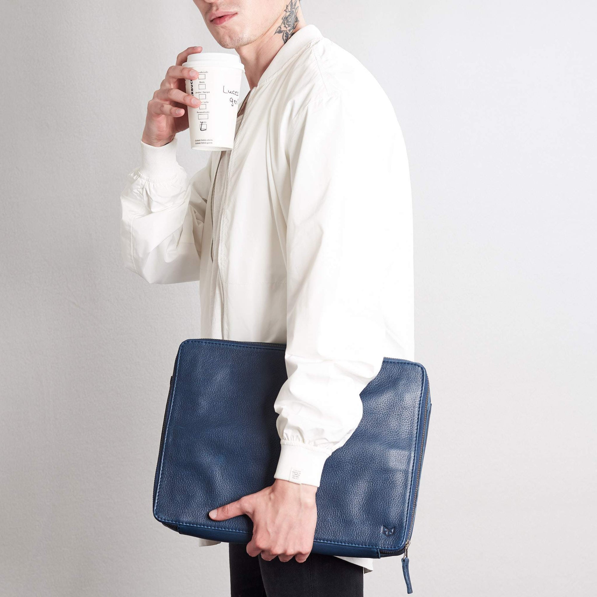 Everyday carry tech pouch. Navy blue large gadget bag by Capra Leather