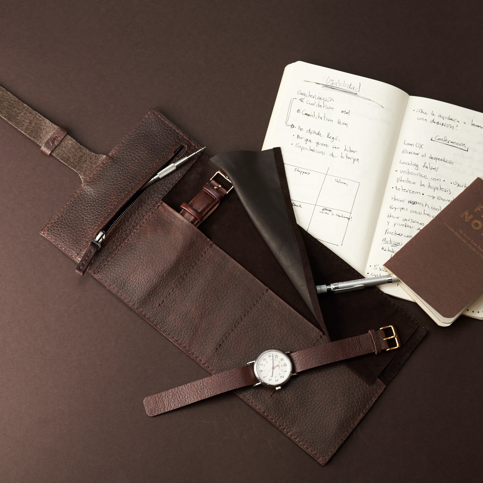 Timex weekender. Watch roll dark brown by Capra Leather