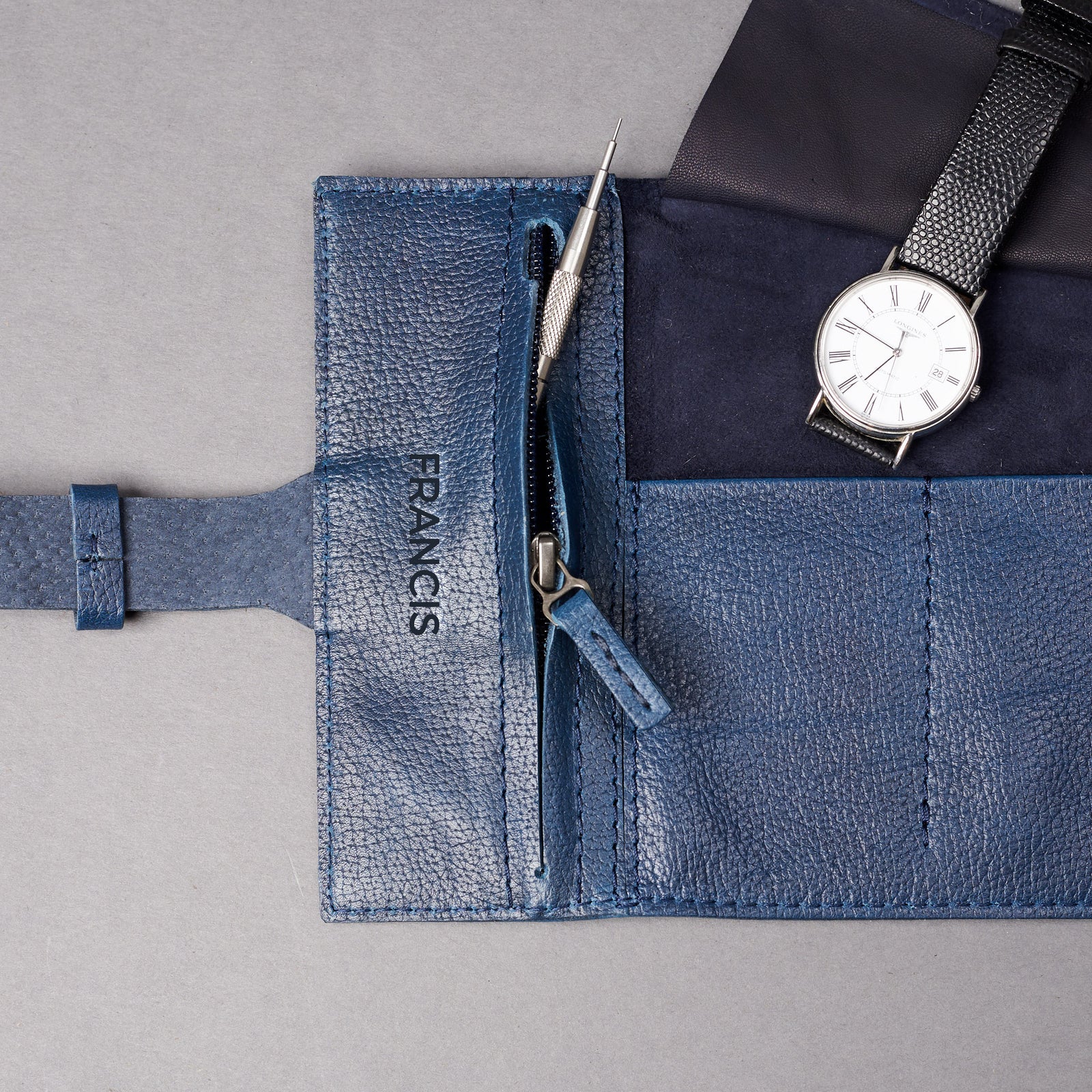 Travel watch roll organizer navy by Capra Leather