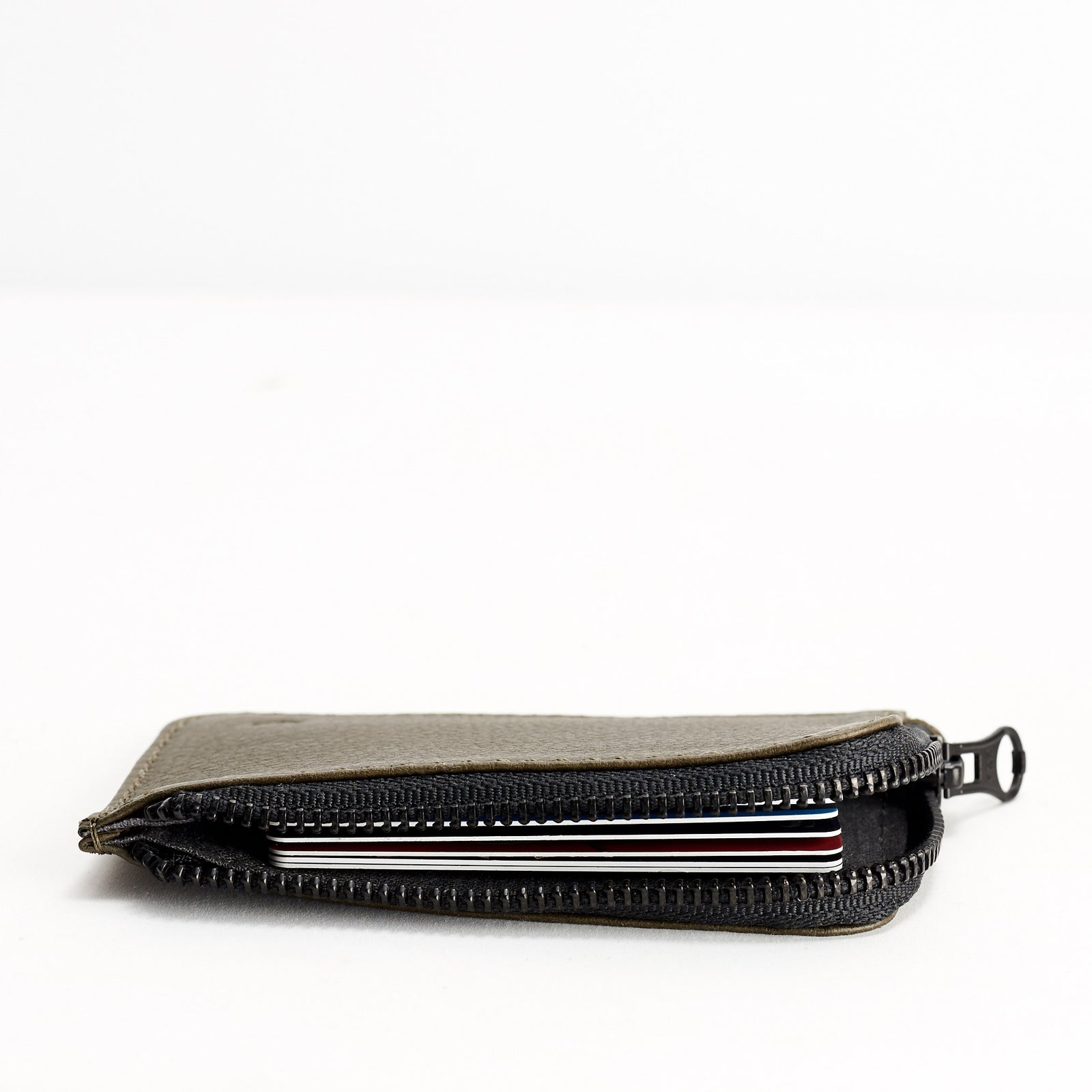 Slim profile. Minimalist green zipper card holder. Men's bills and coins wallet. Slim designer credit cards holder