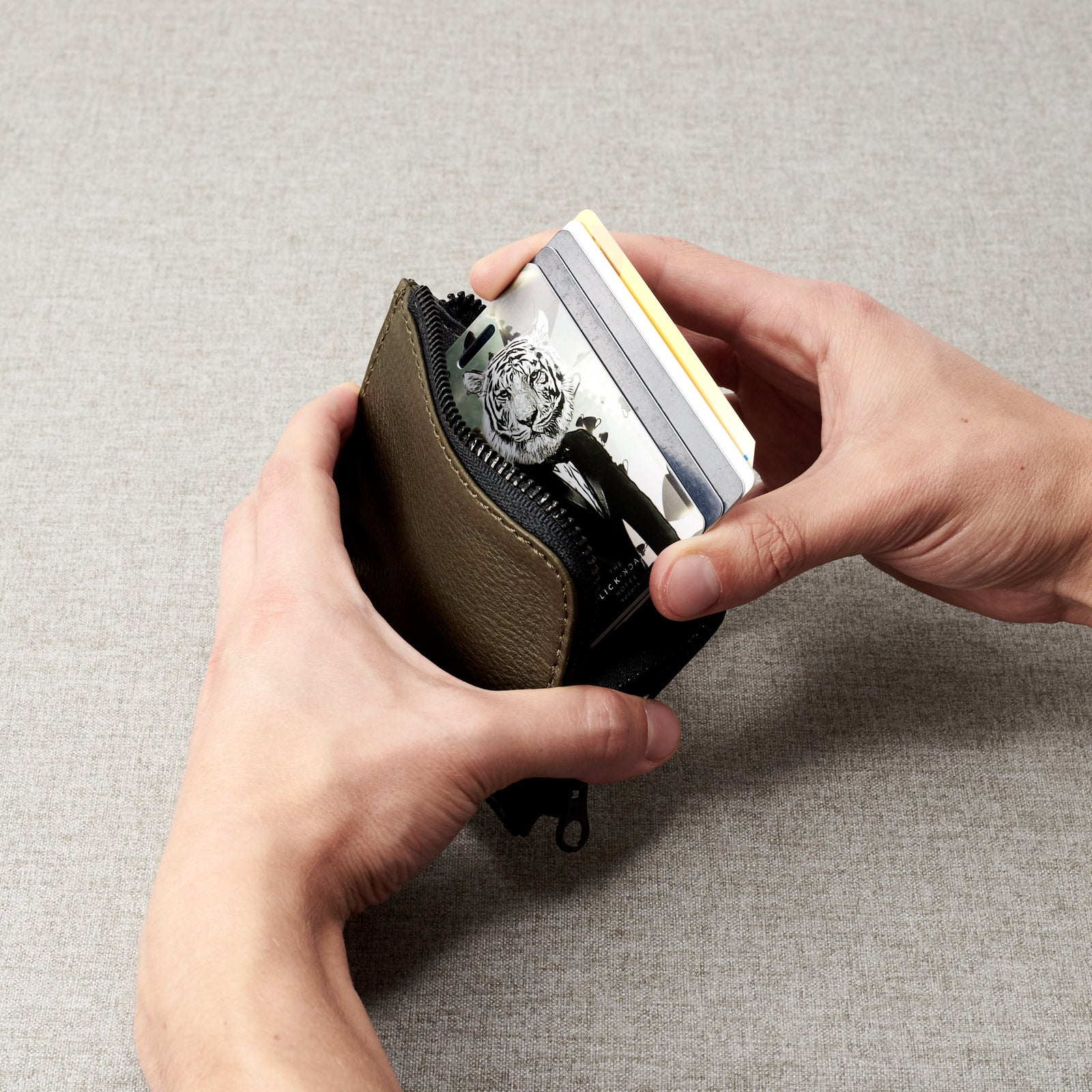 Men's gift. Minimalist green zipper card holder. Men's bills and coins wallet. Slim designer credit cards holder