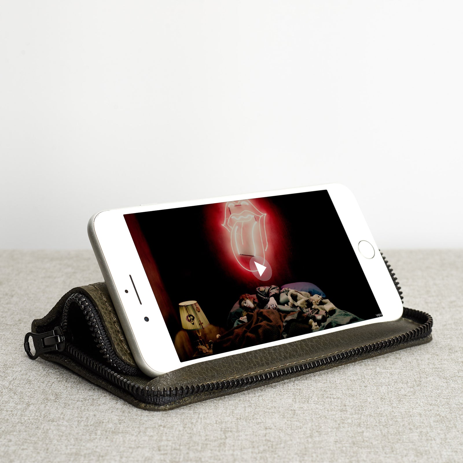 Hands free stand. Green iPhone leather wallet stand case for mens gifts. iPhone x, iPhone 10, iPhone 8 plus leather stand sleeve