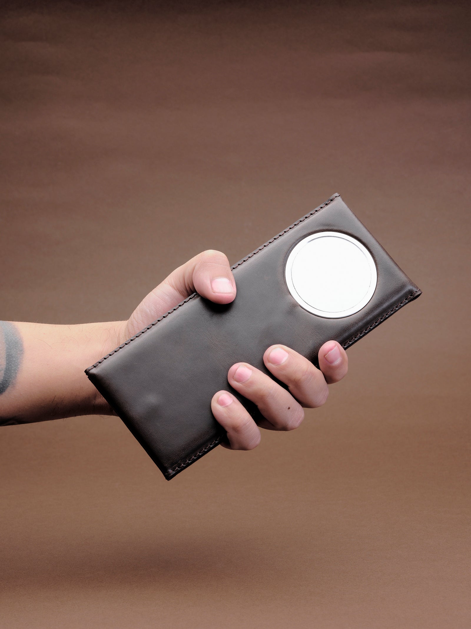 Easy to carry. MagSafe iPhone Holder Stand Brown by Capra Leather