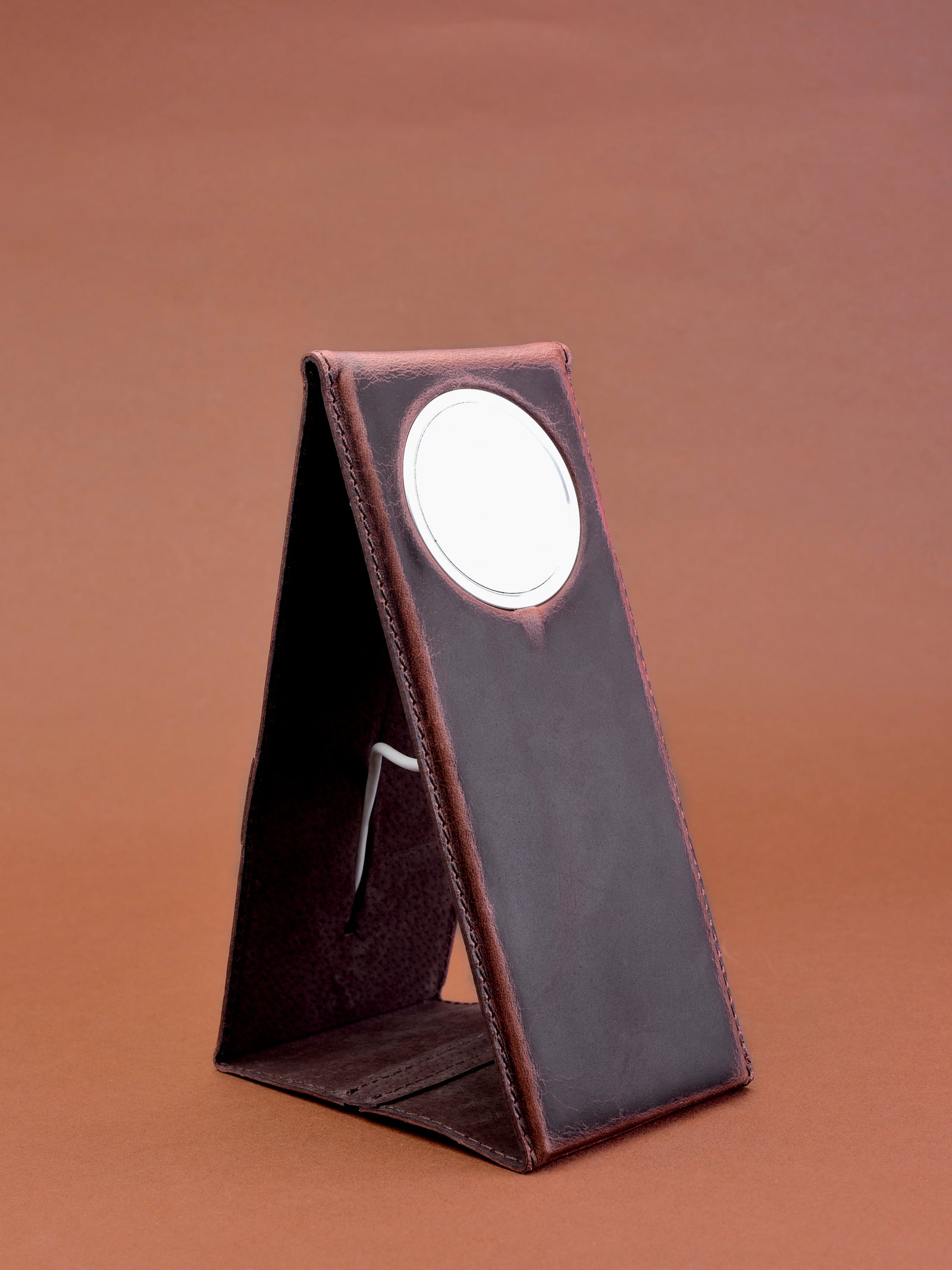 Wireless charging stand. MagSafe iPhone Holder Stand Distressed Cognac by Capra Leather