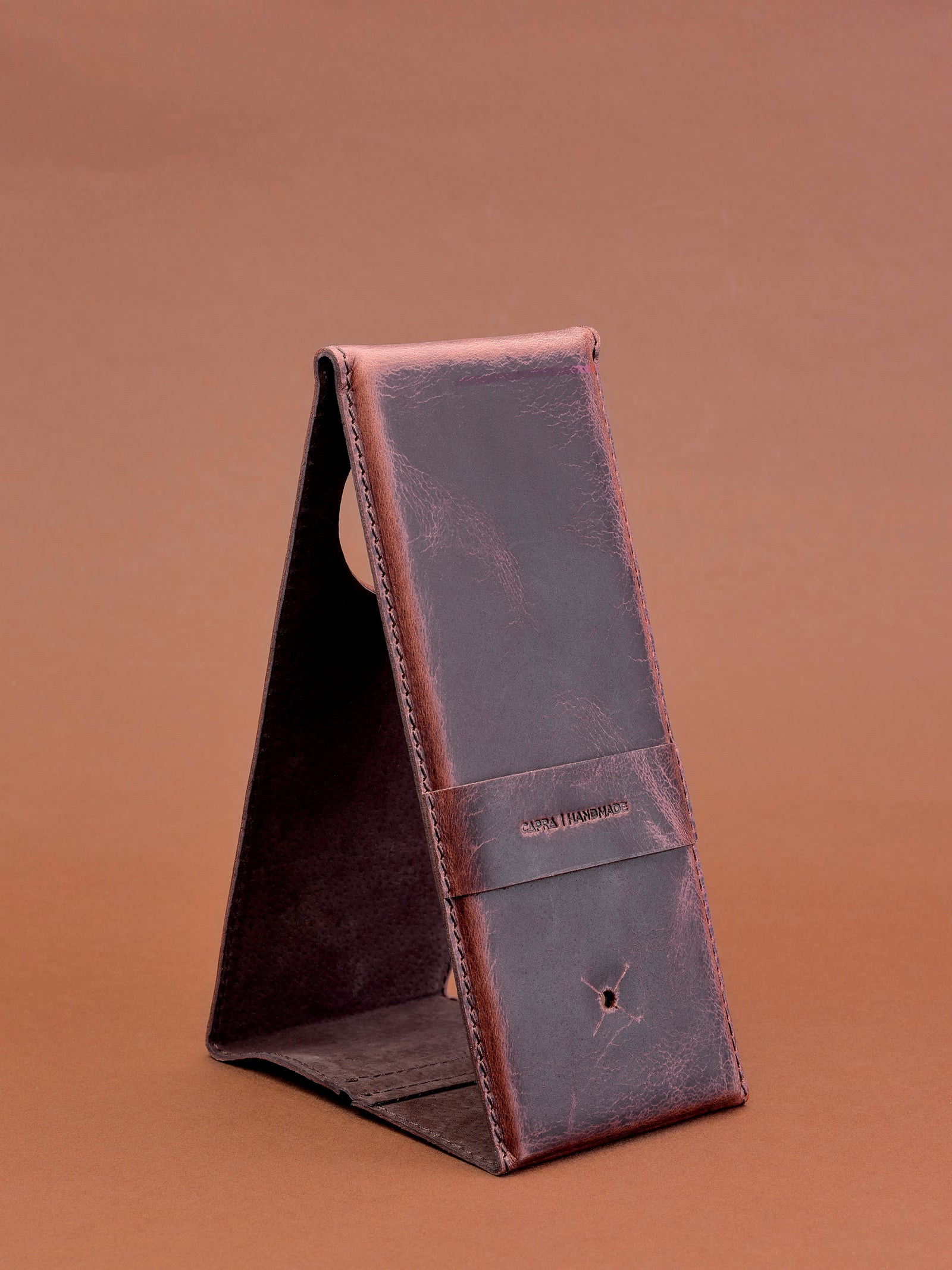 Home office accessory. MagSafe iPhone Holder Stand Distressed Cognac by Capra Leather