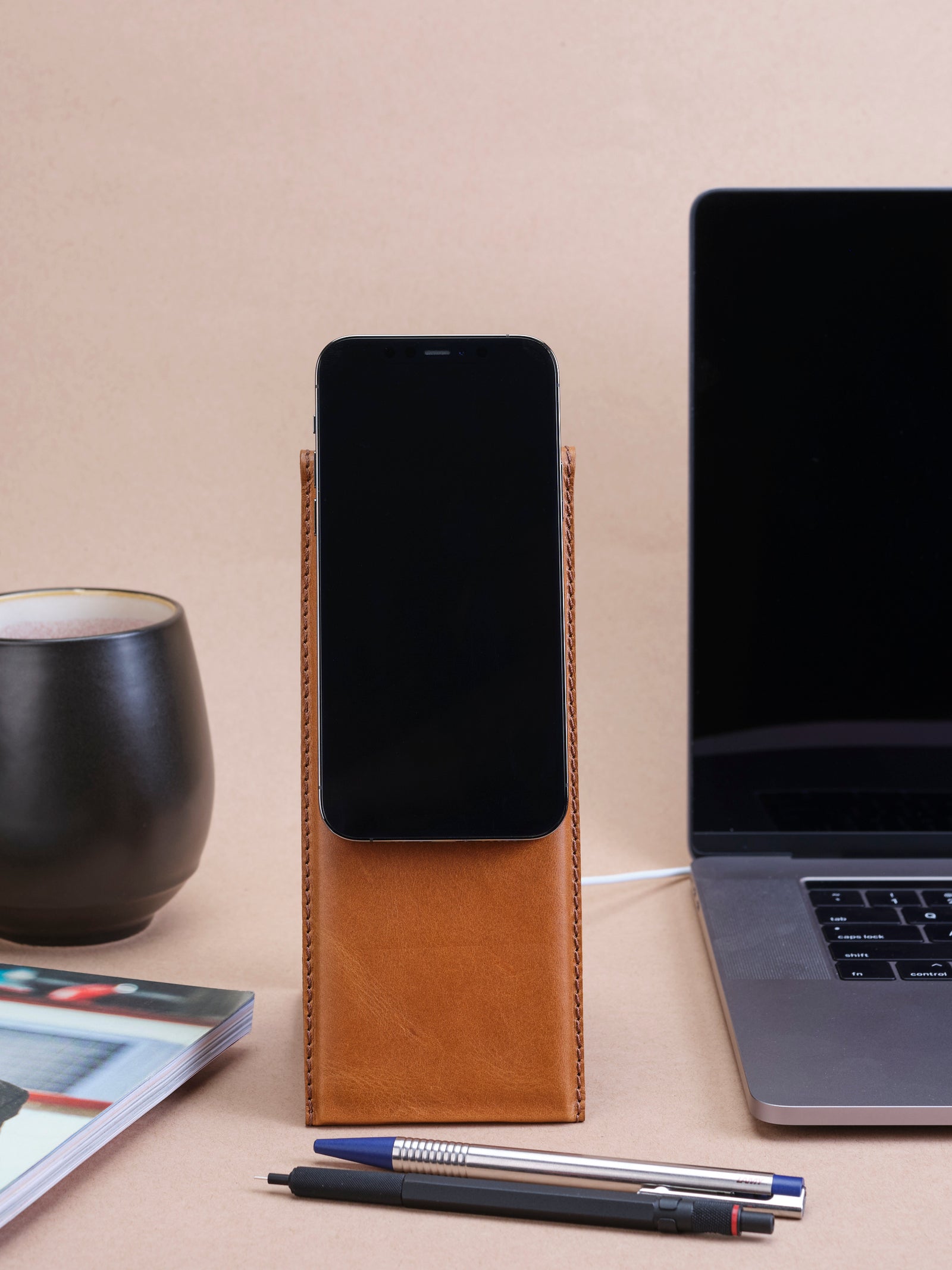 iPhone 12 Pro. MagSafe iPhone Holder Stand Tan by Capra Leather