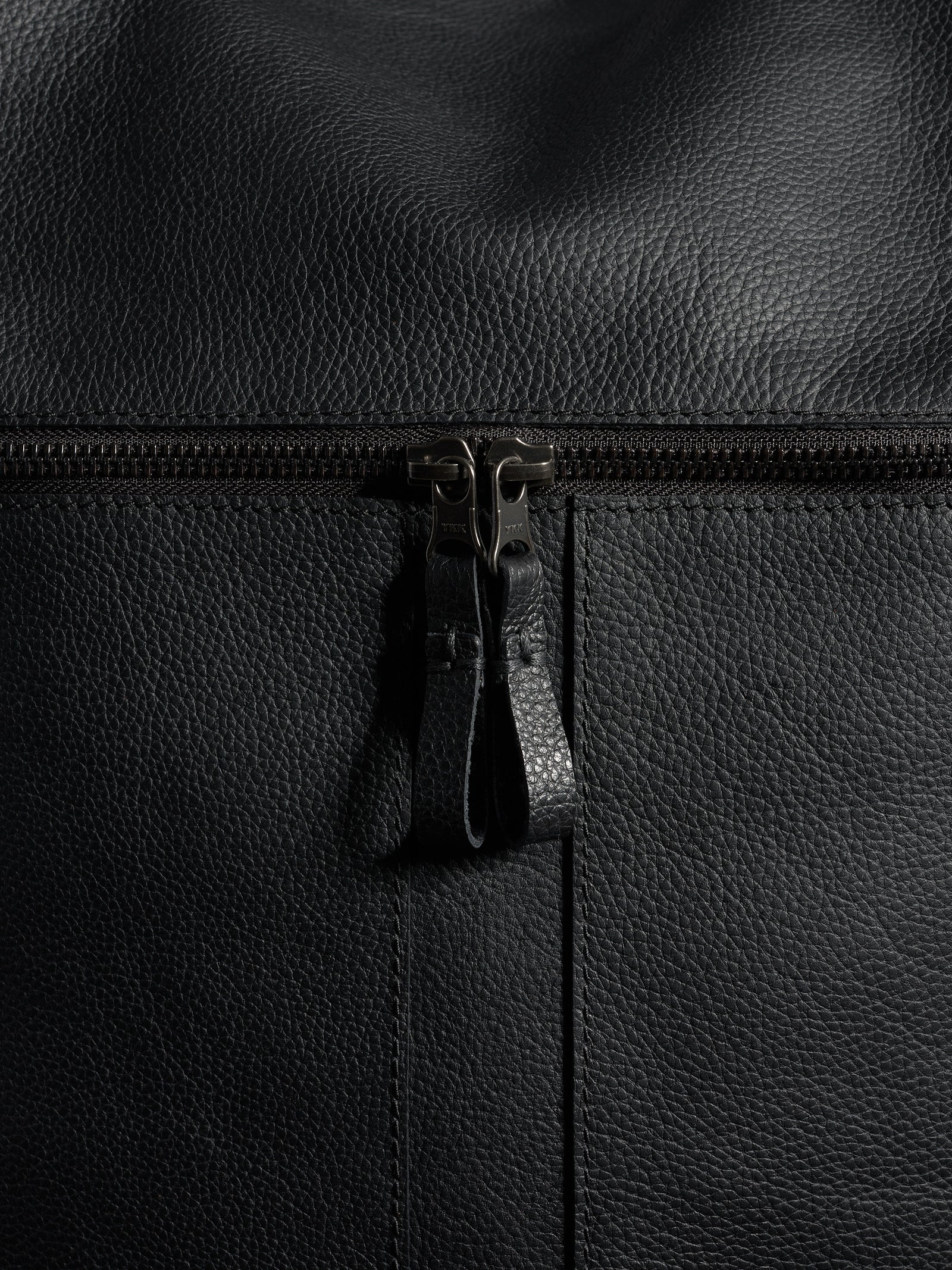 Detailed close-up of the pebbled full-grain black leather texture and the robust zipper on a Capra Leather bag.