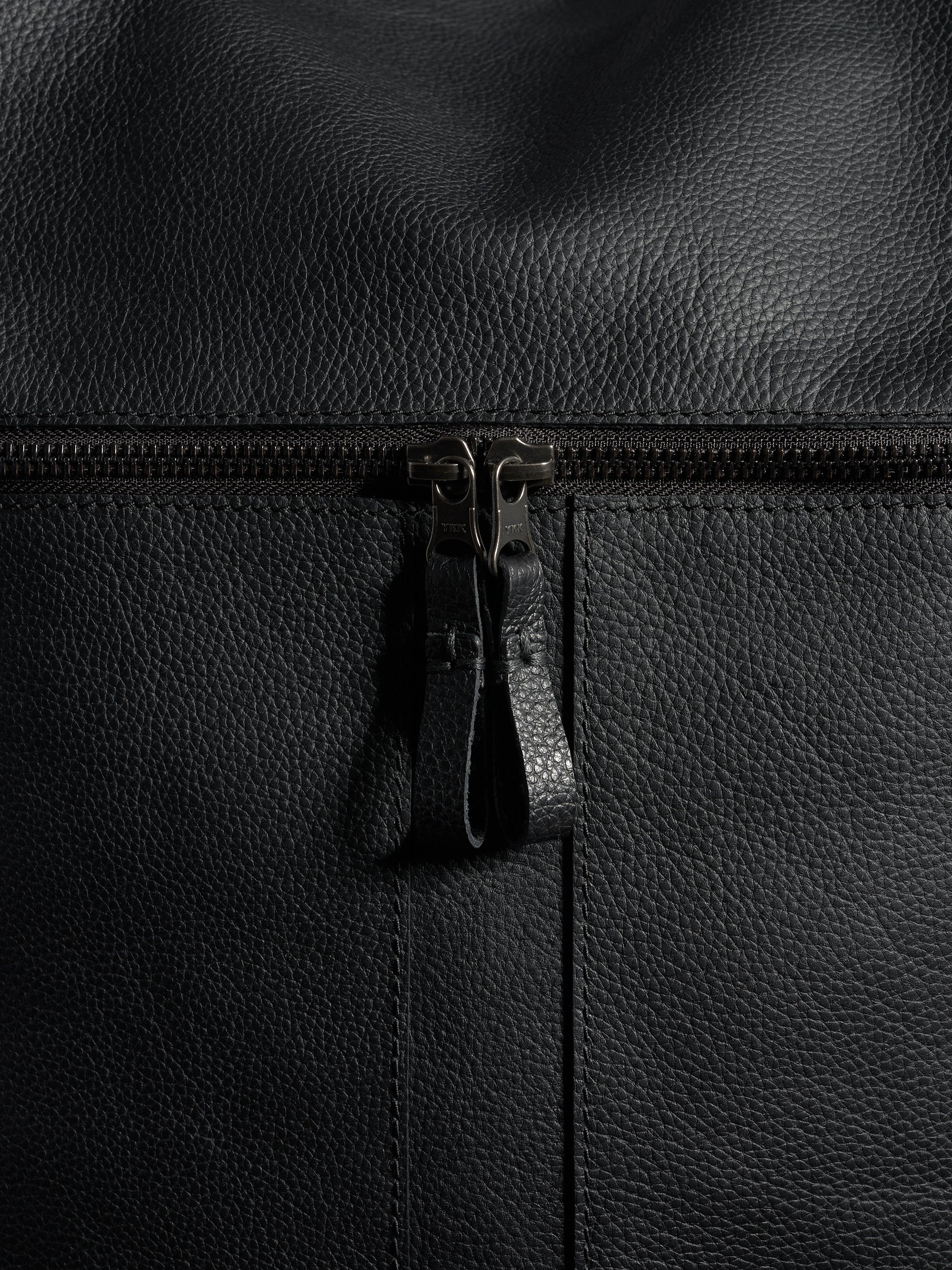 Detailed close-up of the pebbled full-grain black leather texture and the robust zipper on a Capra Leather bag.