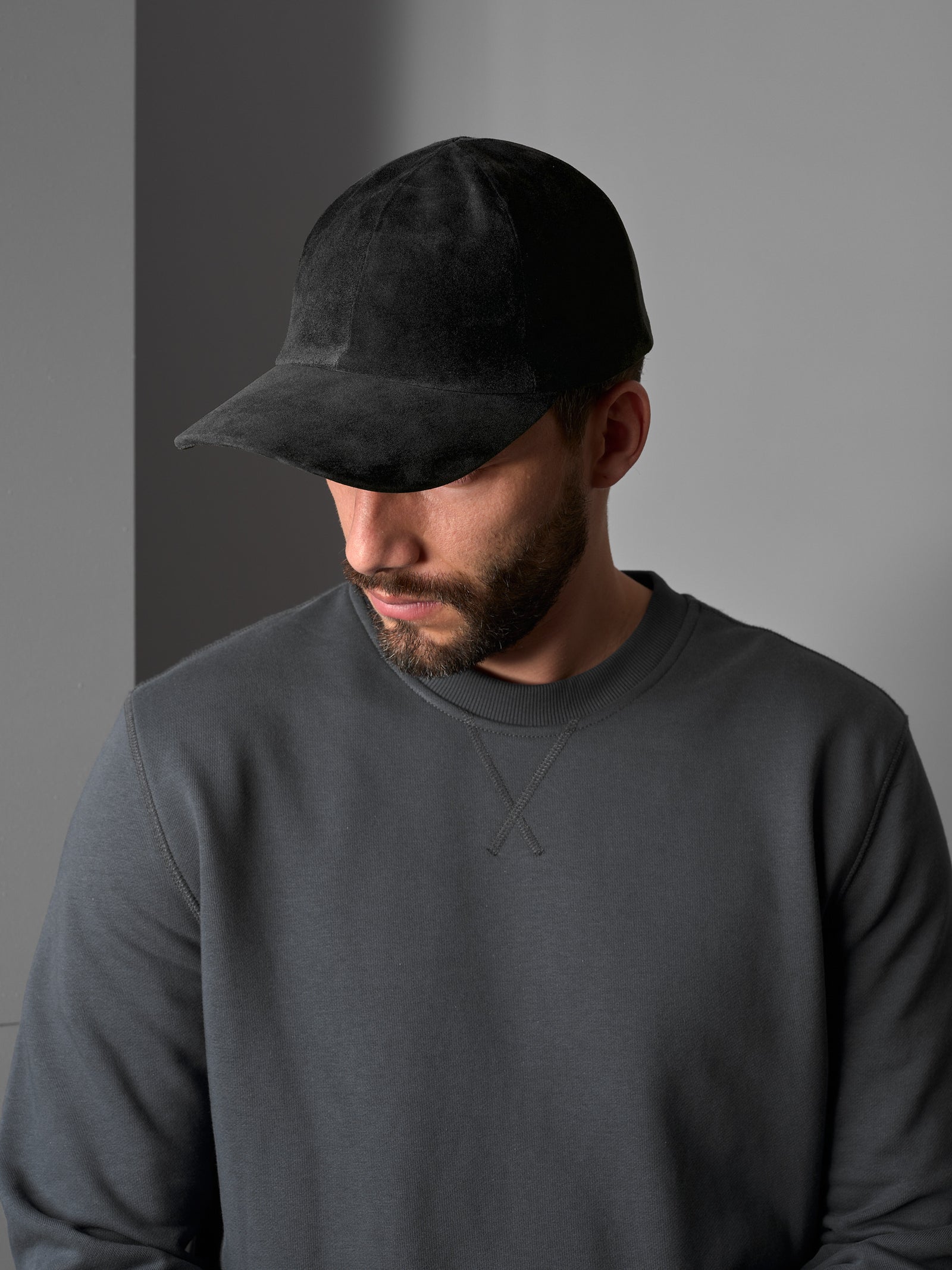 Black Calf Suede Baseball Cap.