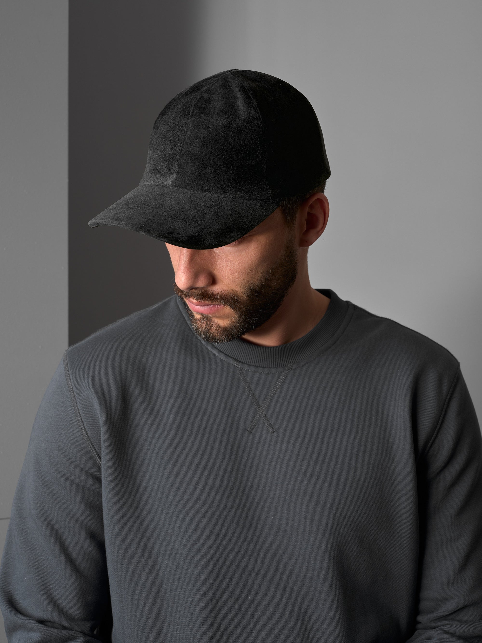 Black Calf Suede Baseball Cap.