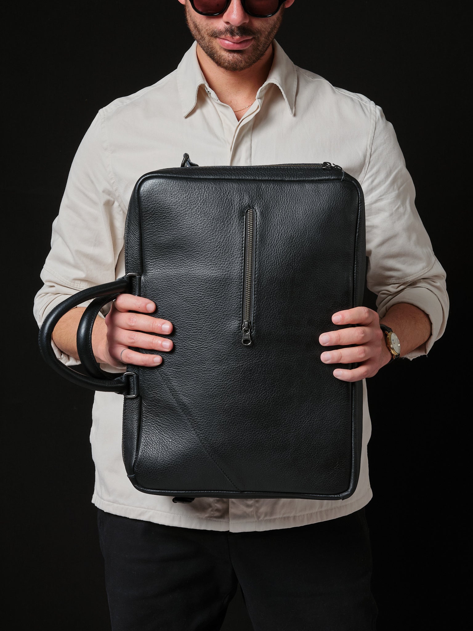 Front Small Pocket. Mens Leather Briefcase Backpack Black by Capra Leather