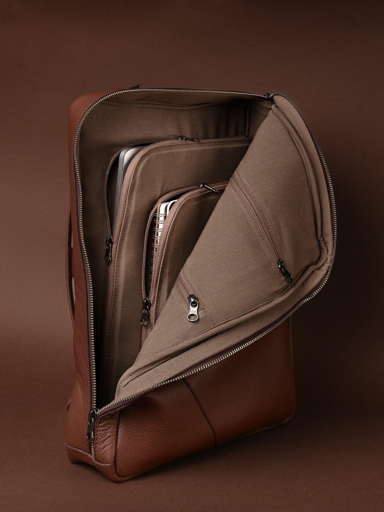 Laptop and Tablet Compartments. Shoulder Bag. Professional Backpack Brown by Capra Leather
