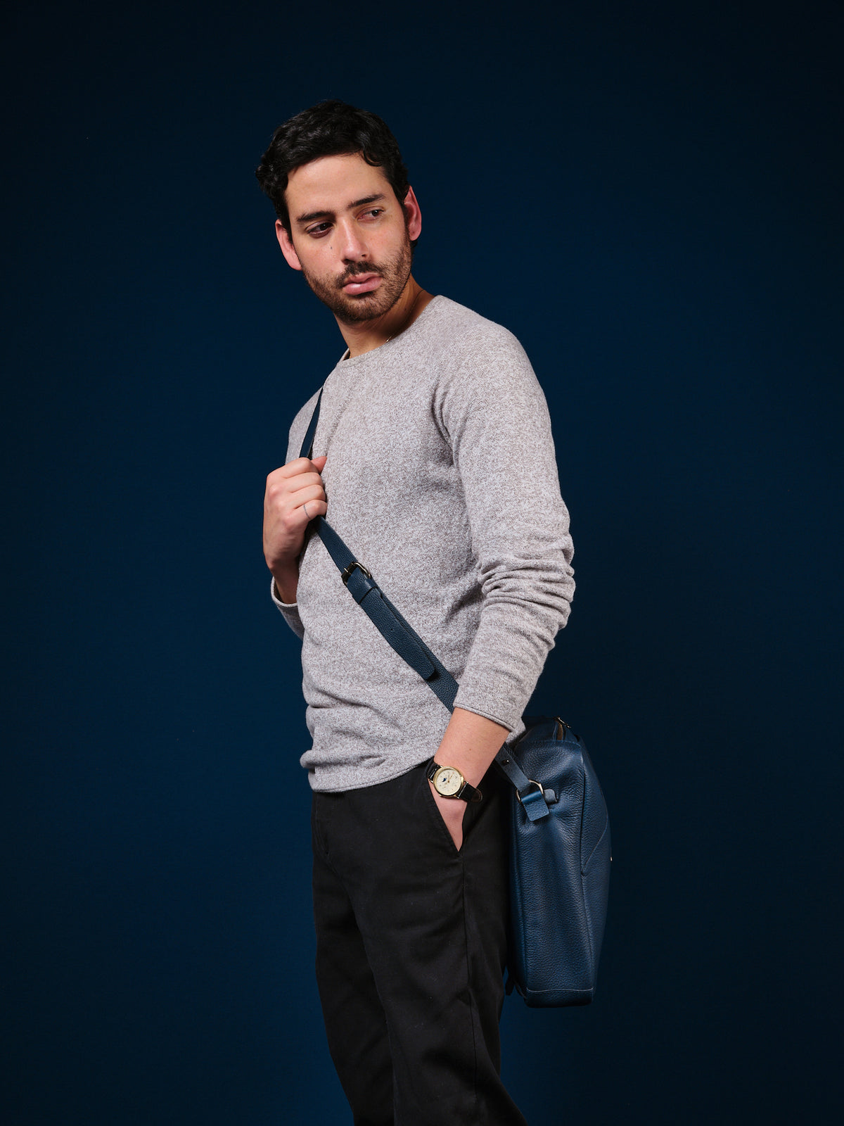 Mens Soulder Bag. Laptop Briefcase Navy by Capra Leather