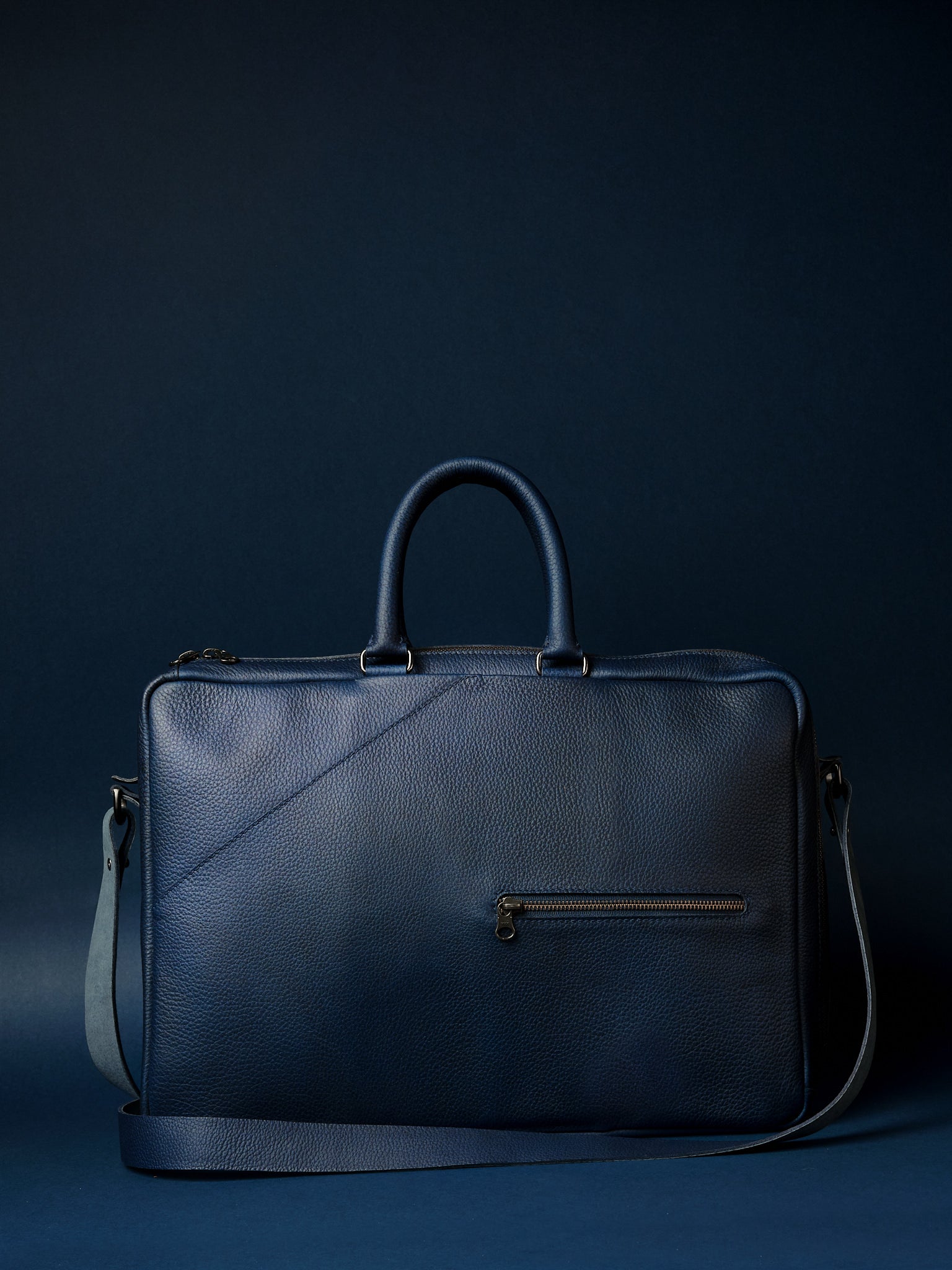 Front zip pocket. Leather Briefcase for Men. Briefcase Backpack Combination Navy by Capra