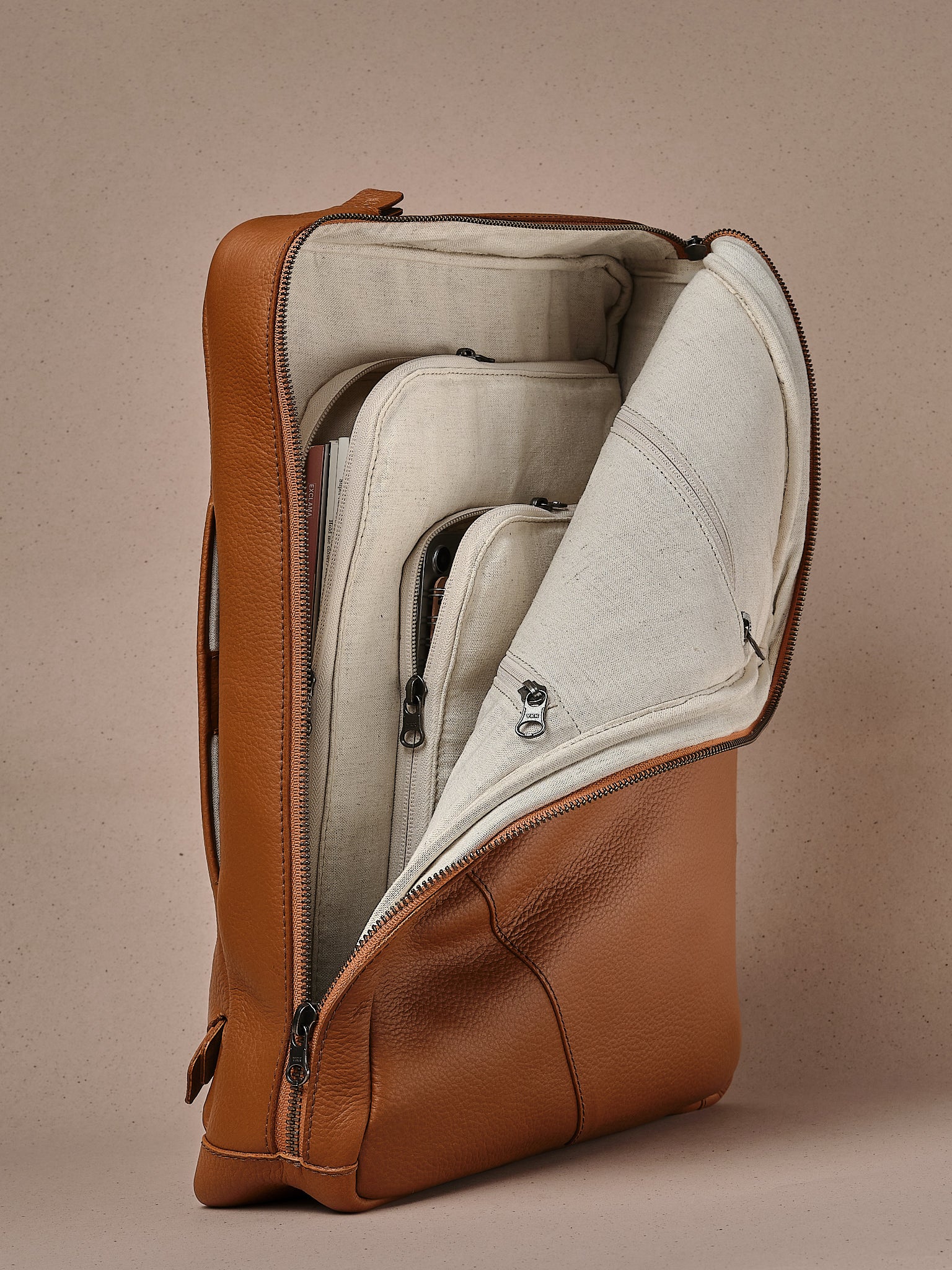 Laptop and tablet compartments. Best Backpack for Work. Backpack Briefcase Tan by Capra Leather