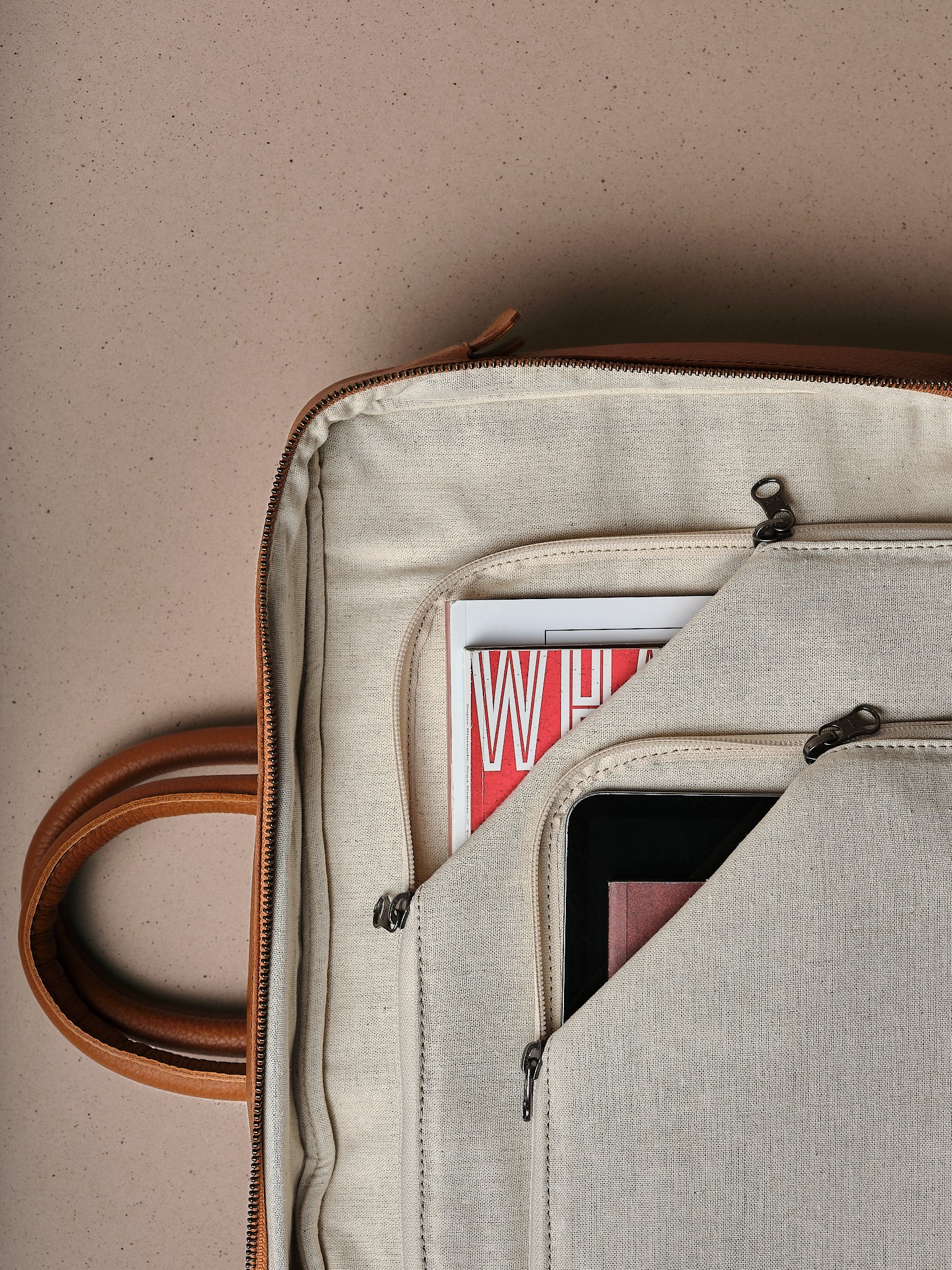 Laptop pocket. Linen interior. Briefcase Backpack Combination Tan by Capra Leather