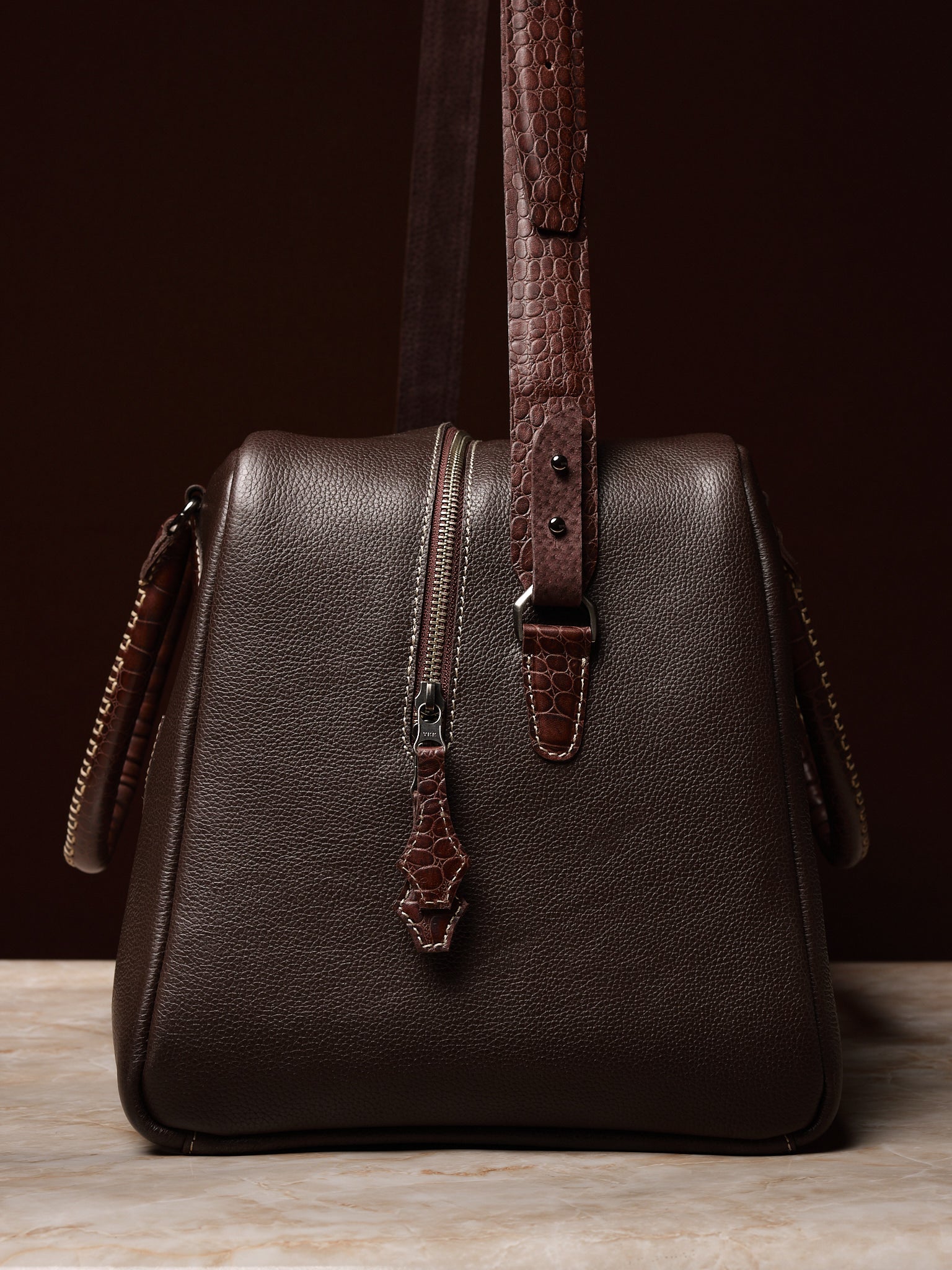 Crocodile Print Shoulder Strap. Leather Weekender Bag Dark Brown by Capra Leather
