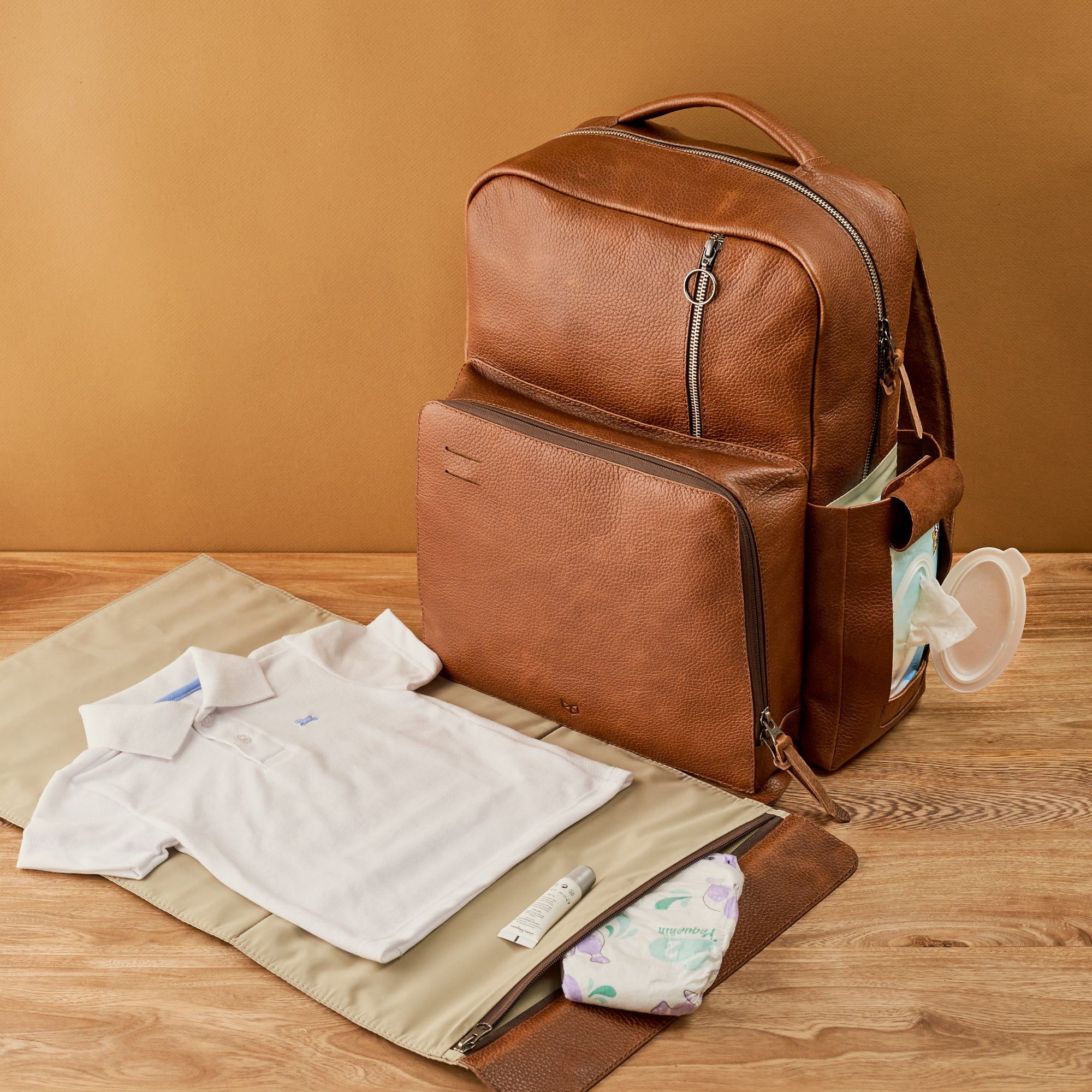 Tan Diaper Bag Backpack for New Dads by capra Leather