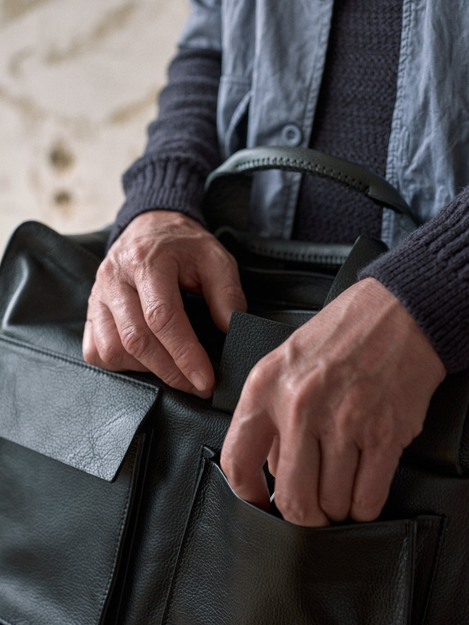 Easy Access Front Pockets. Black Briefcase by Capra Leather