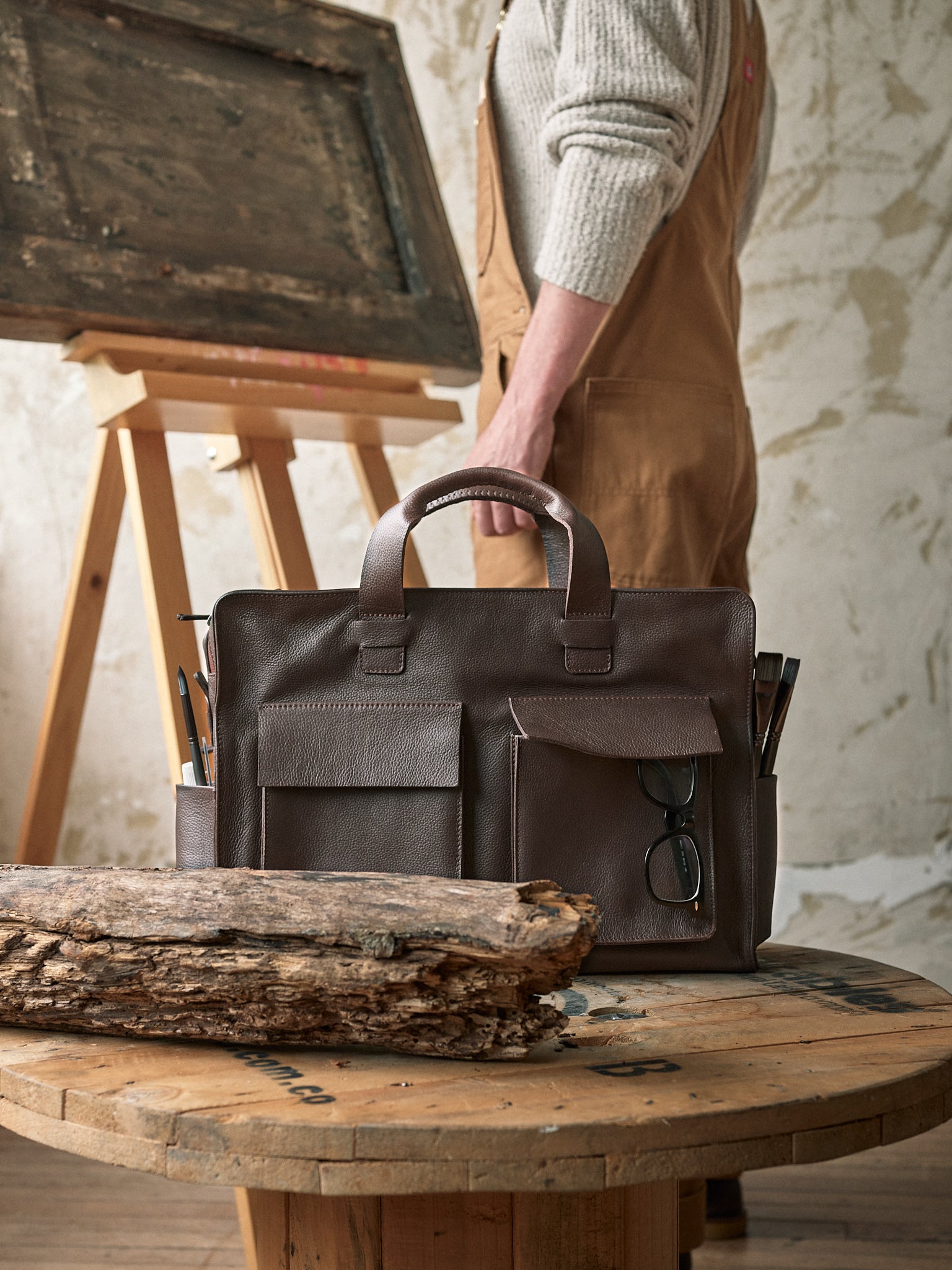 Easy Access Front Pockets. Handmade Briefcase Laptop Dark Brown by Capra Leather