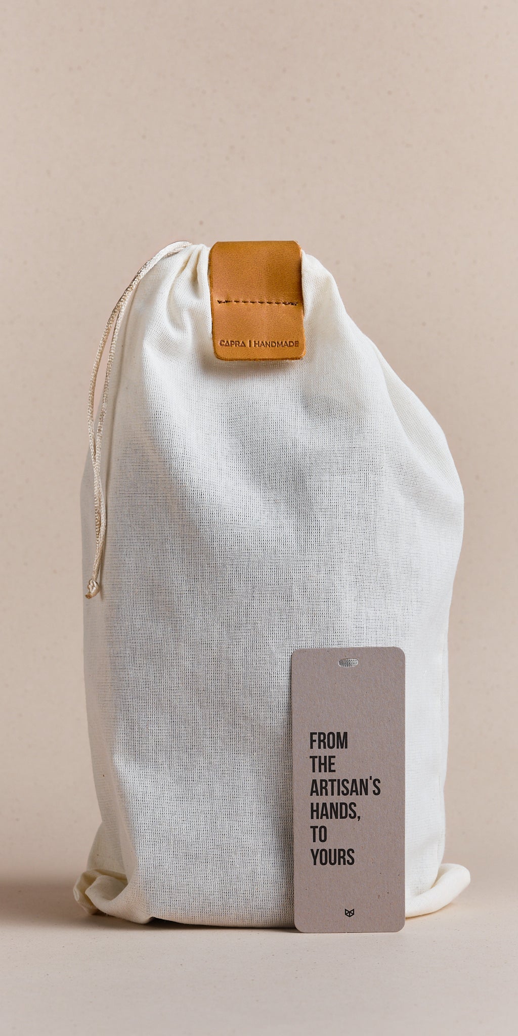 Capra Leather's 100% cotton bag with a leather tag, the packaging for every piece