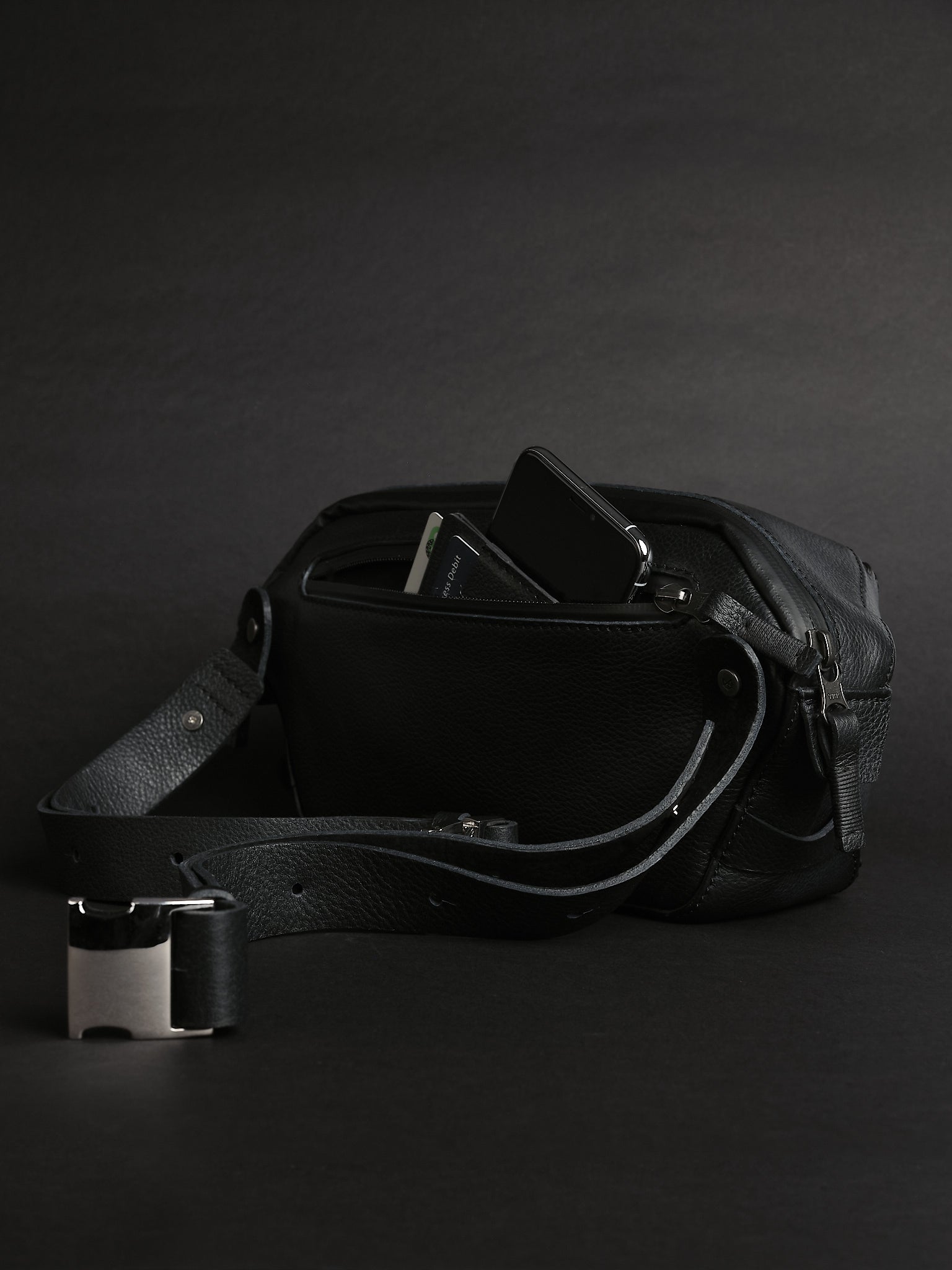 Sling pack with back pocket. Urban Sling Bag Black by Capra Leather