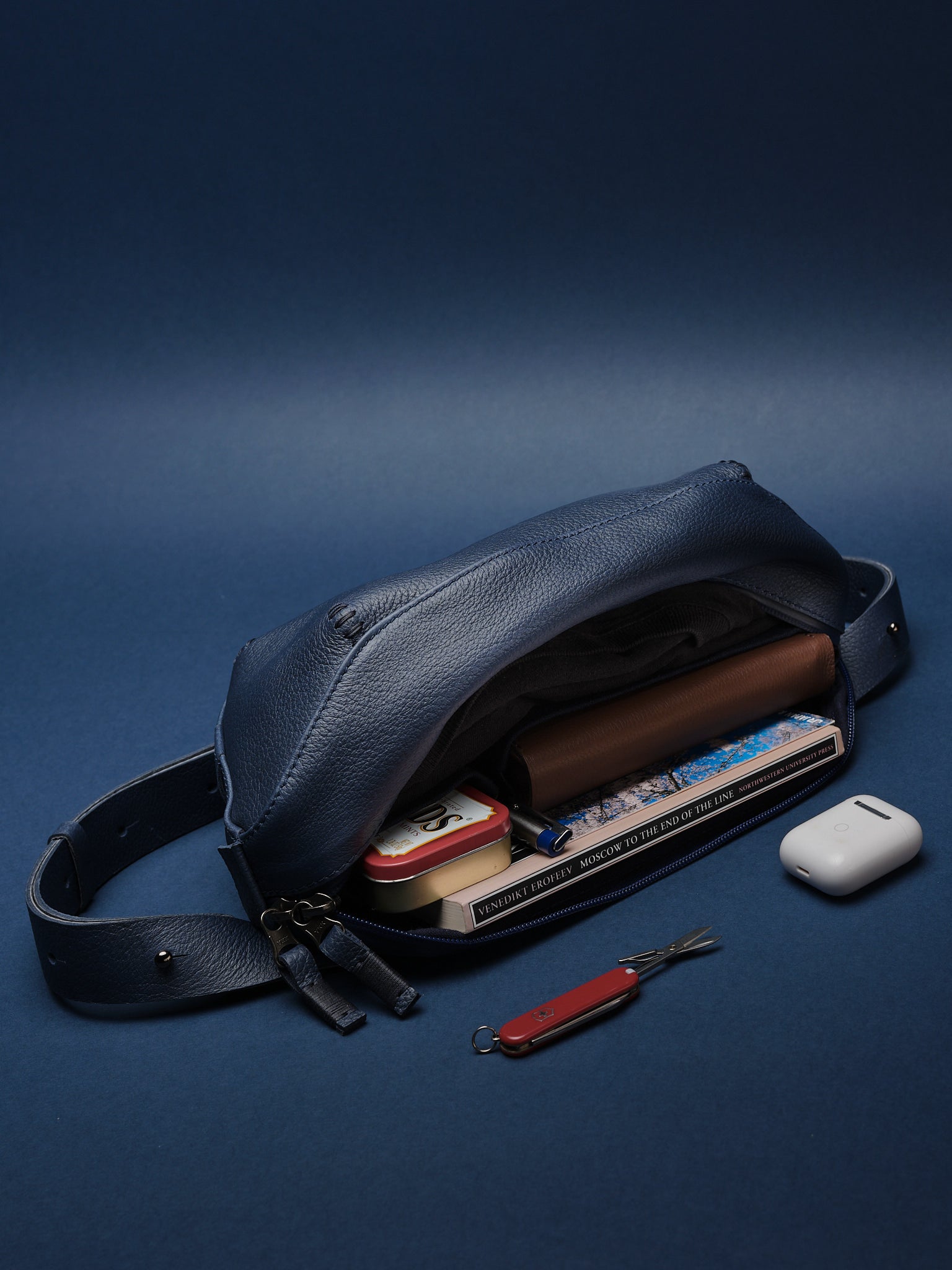 Leather Fanny Pack. Sling Camera Bag Navy by Capra Leather