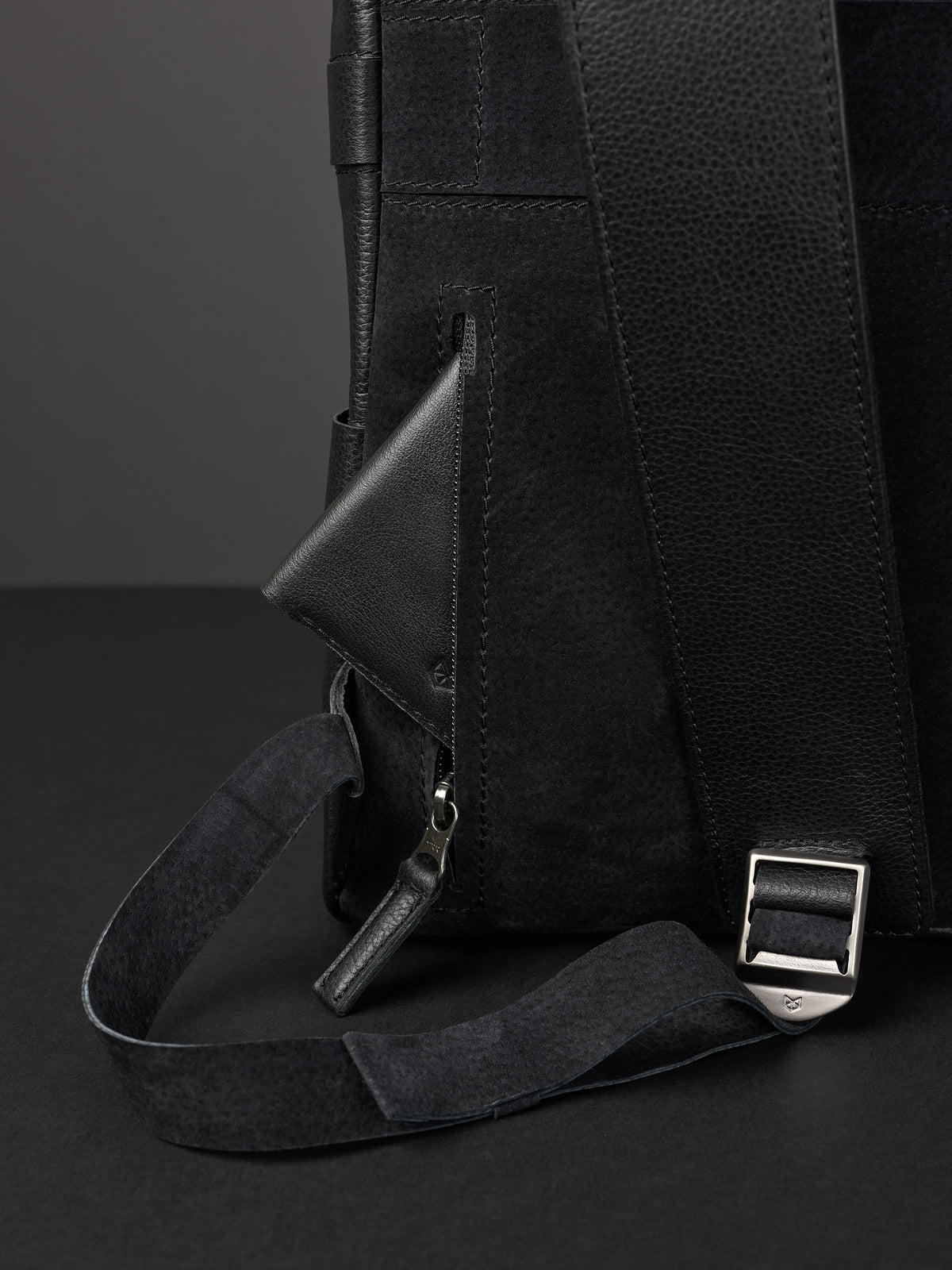 Hidden pocket in the back for easy access. Soft finish made in suede and leather. Premium materials. Double D Ring system for quick adjustments. Men's backpack for style and durability. Made in quality materials by Capra Leather.