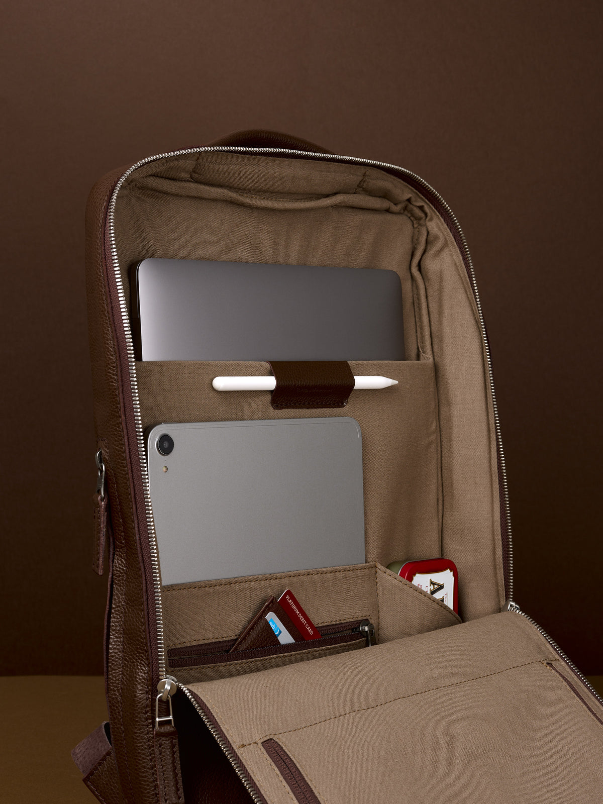 Tech backpack for men. Backpack for laptop and tech equipment. Unique design. Men's accessories. Made in premium leather by Capra Leather.