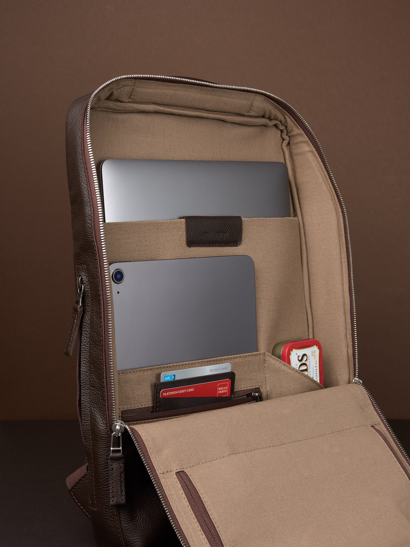 Tech backpack for men. Backpack for laptop and tech equipment. Unique design. Men's accessories. Made in premium leather by Capra Leather.