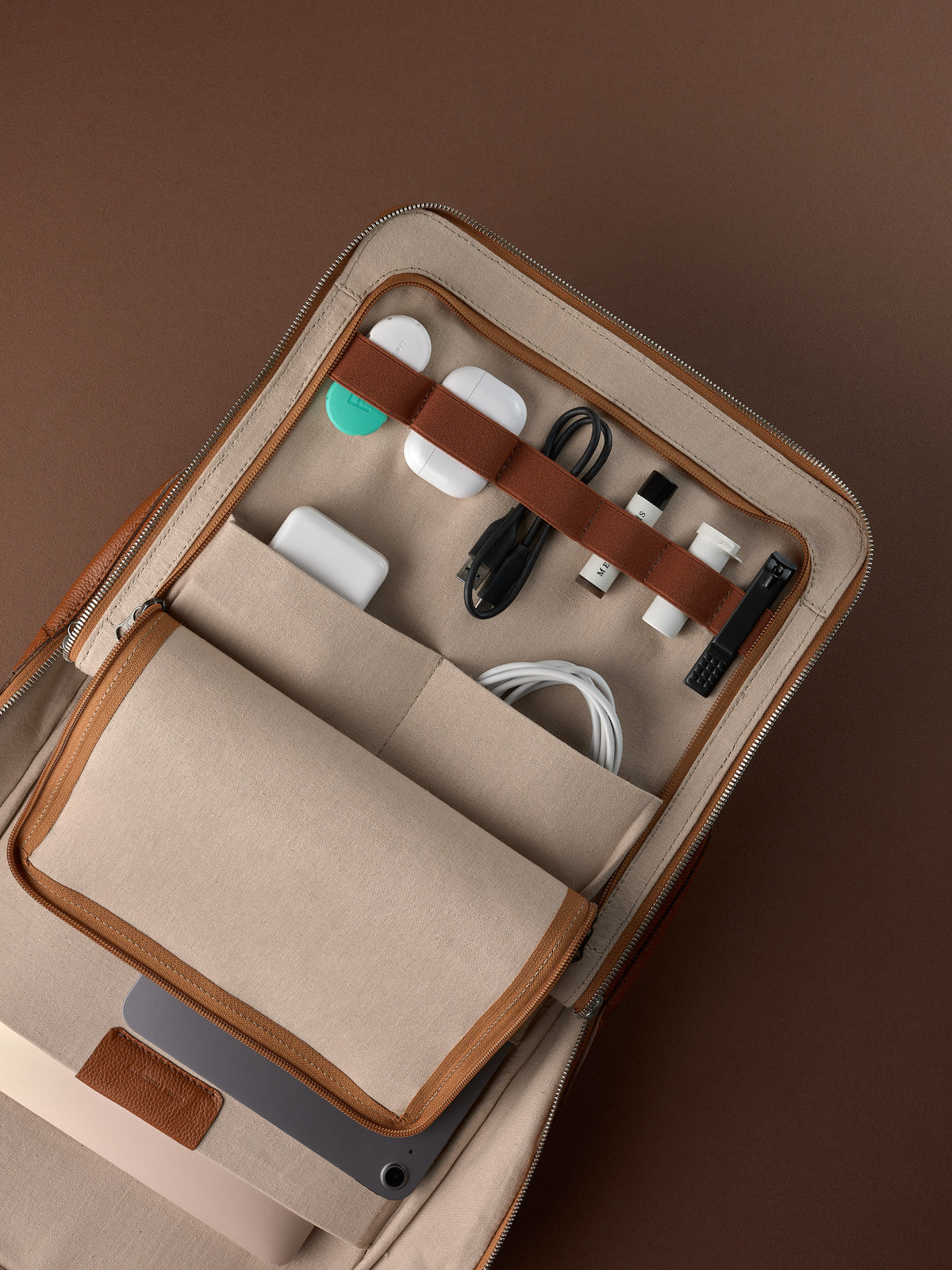 Tech backpack for men. Backpack for laptop and tech equipment. Unique design. Men's accessories. Made in premium leather by Capra Leather.