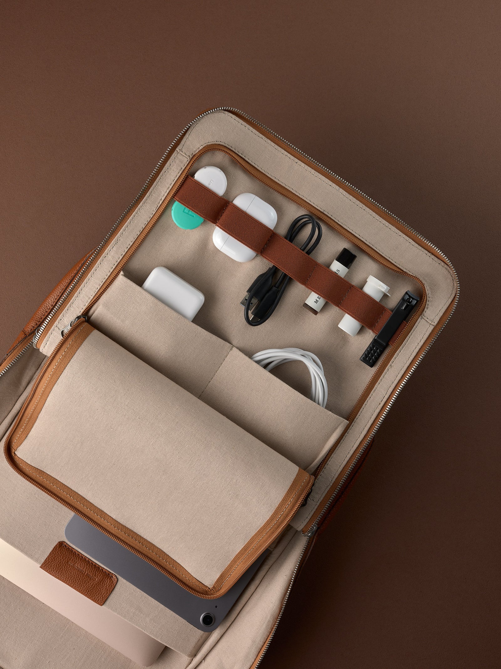 Tech backpack for men. Backpack for laptop and tech equipment. Unique design. Men's accessories. Made in premium leather by Capra Leather.