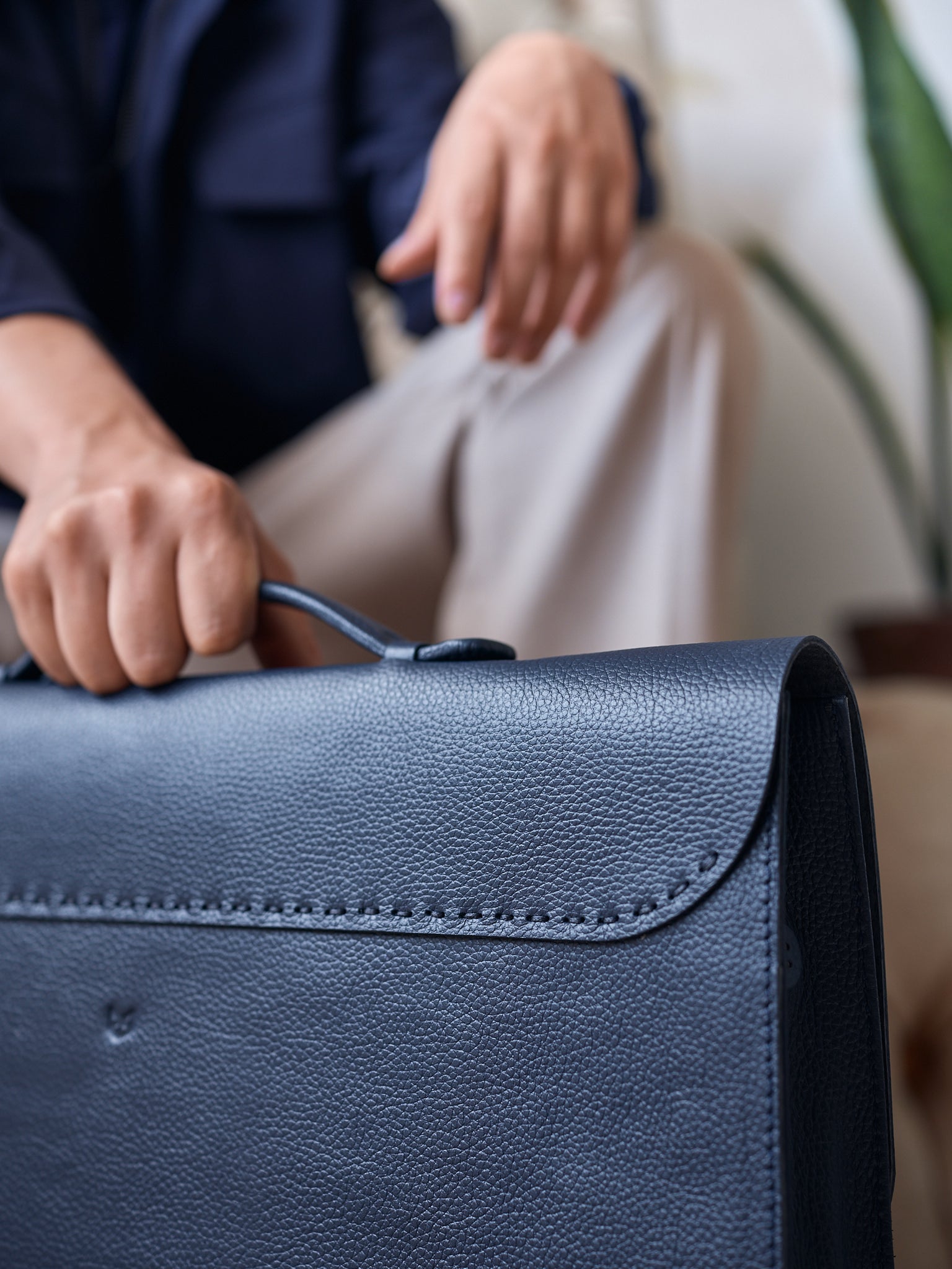 Hand-stitched Lid. Custom Leather Portfolio Navy by Capra Leather