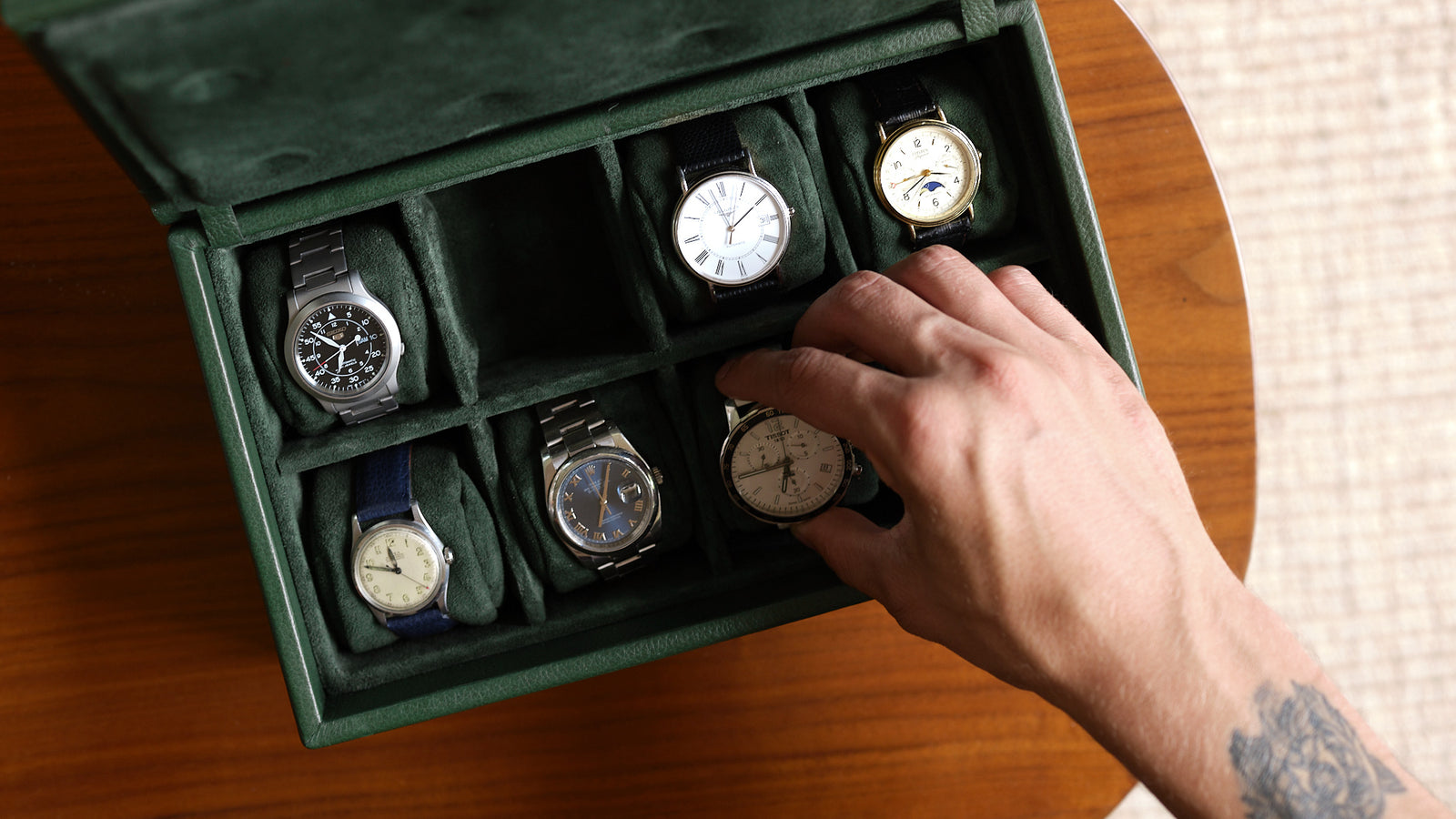 Watch Collector. Mens Watch Holder Green by Capra Leather.