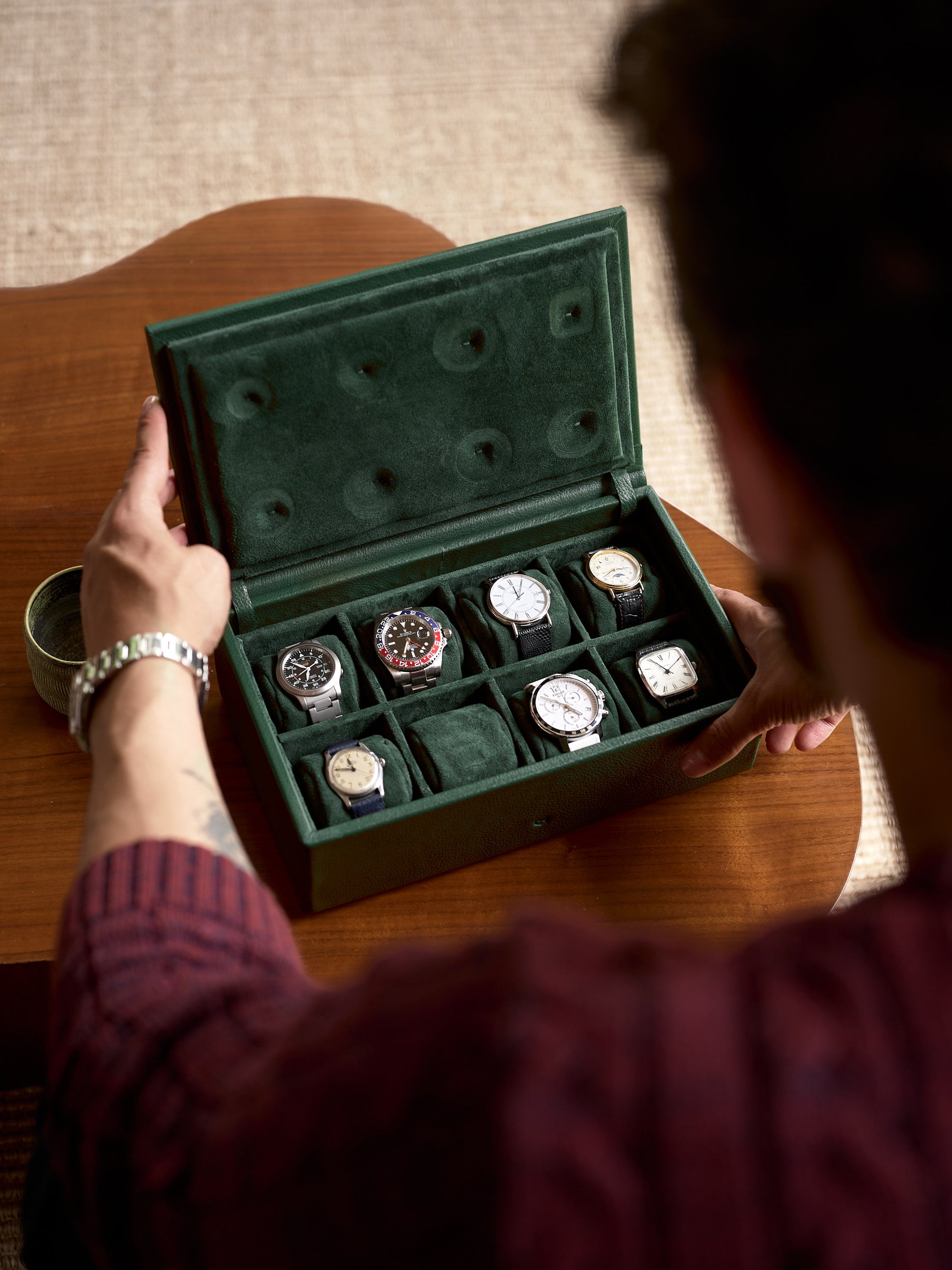 Watch Collection. Watch Organizer. Watch Travel Case Green by Capra Leather.