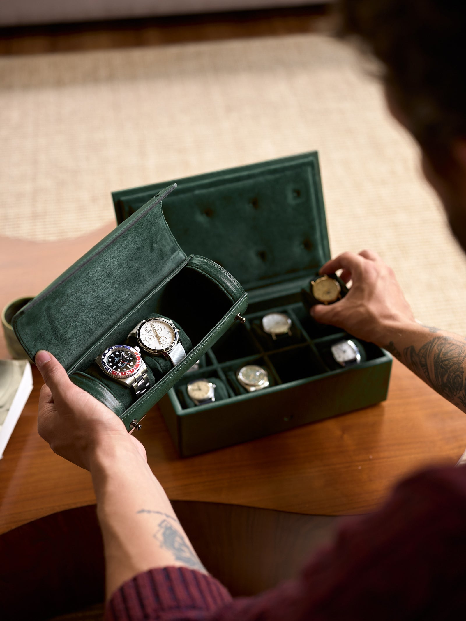 Watch Collection. Watch Organizer. Watch Travel Case Green by Capra Leather