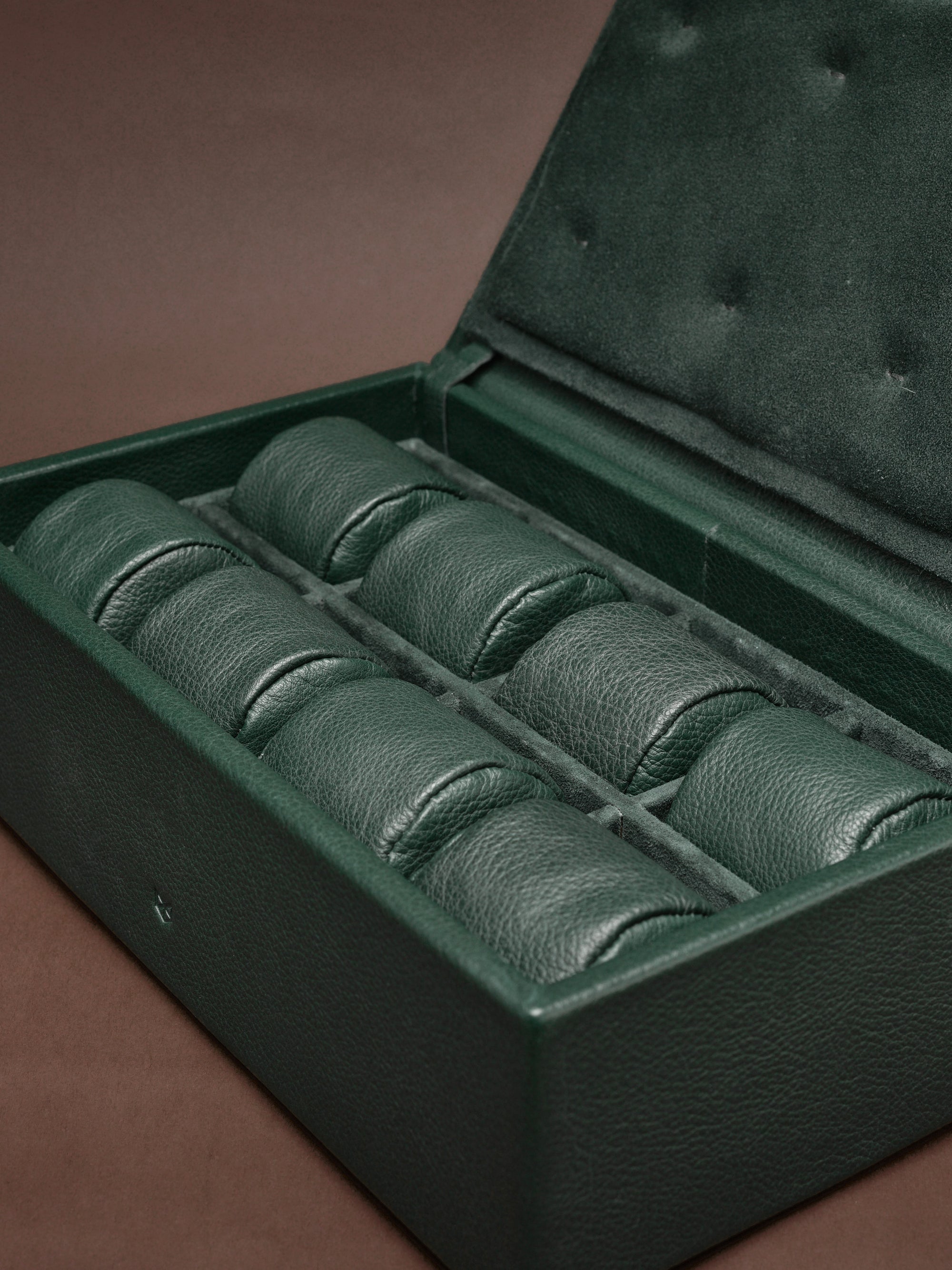 Individual Cushions Made in Leather. Hard Watch Case. Luxury Watch Box Green by Capra Leather.