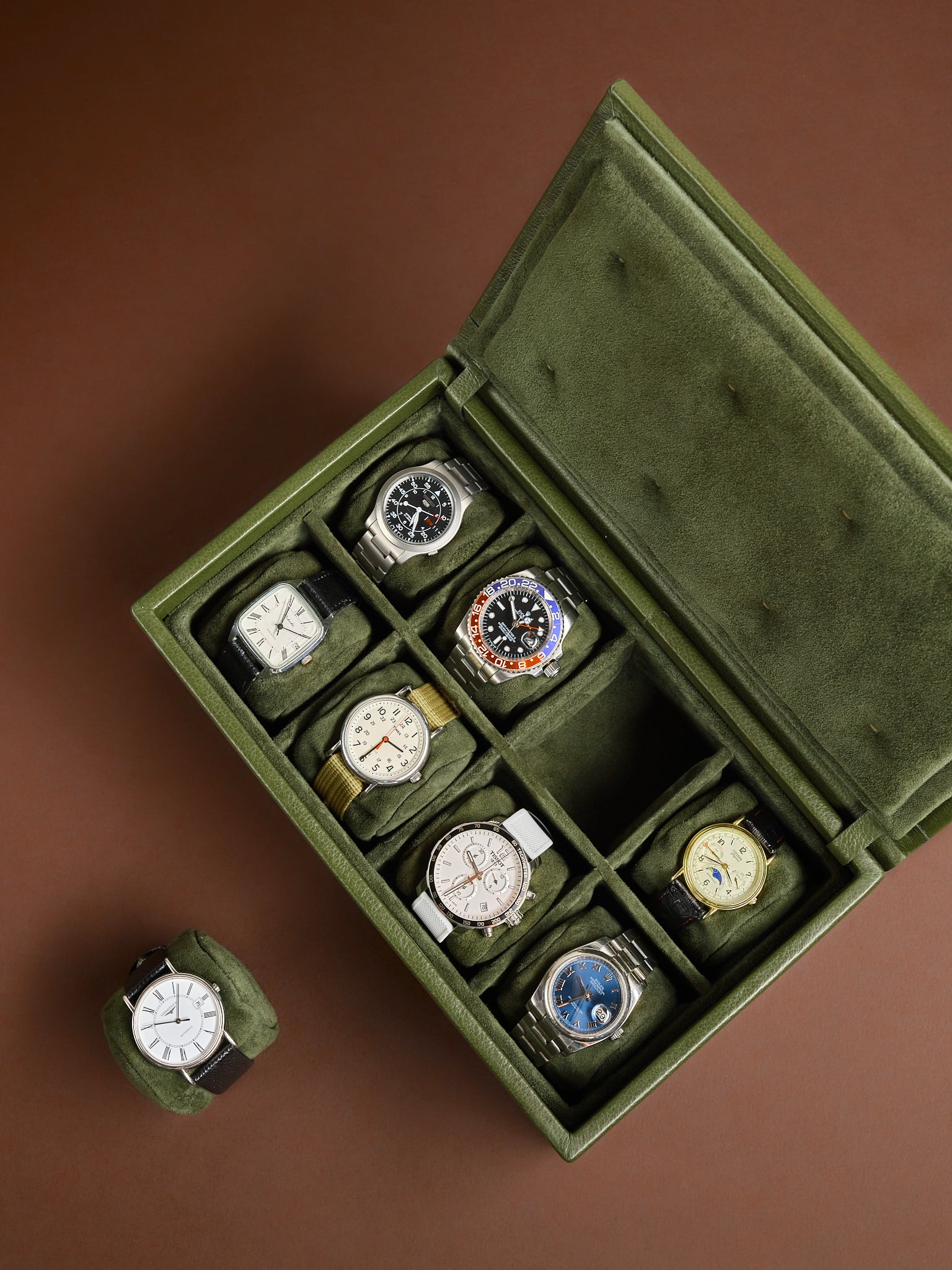 Watch Storage Case. Monogram Watch Box Green by Capra Leather