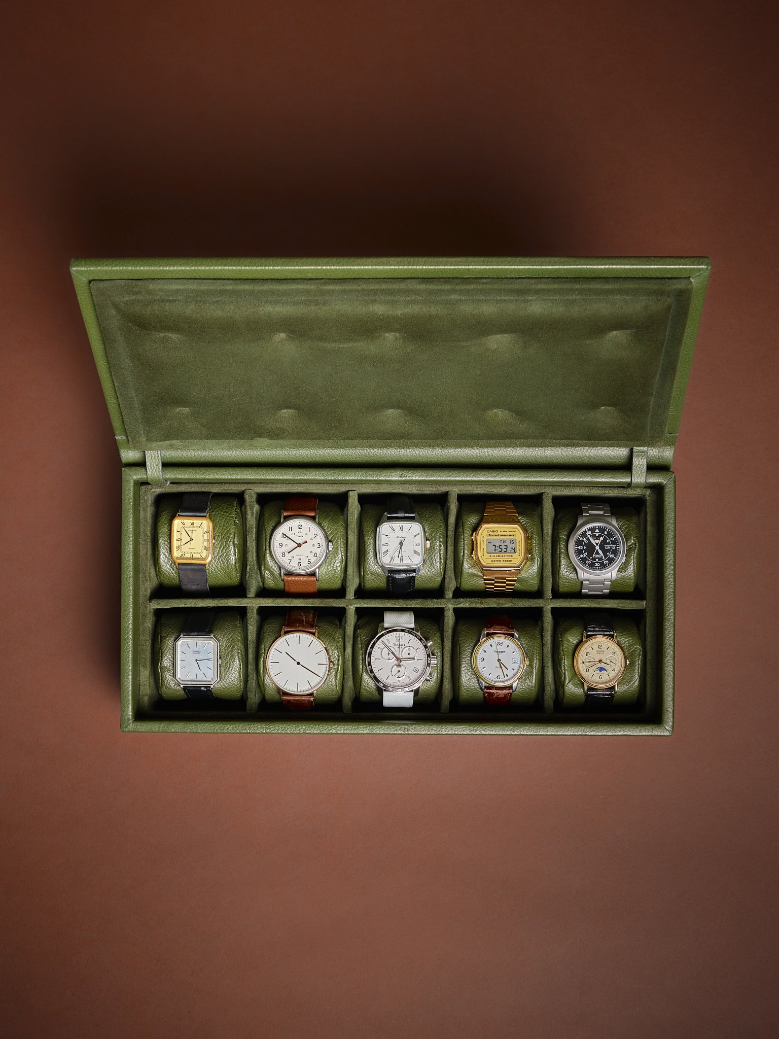 Leather Green Watch Box for 10 pieces. Watch Storage by Capra Leather