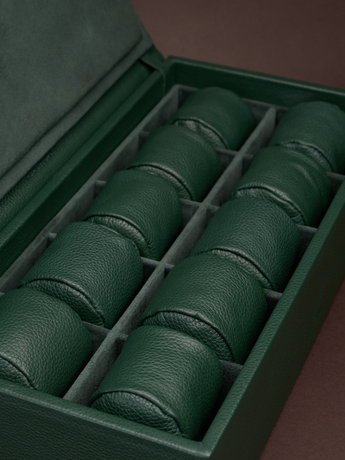Watch lovers. Watch collectors. Watches for men. Watch accessories. Individual Cushions Made in Leather. Hard Watch Case. Luxury Watch Box Green by Capra Leather. Leather watch case for men. Made in premium leather and suede.
