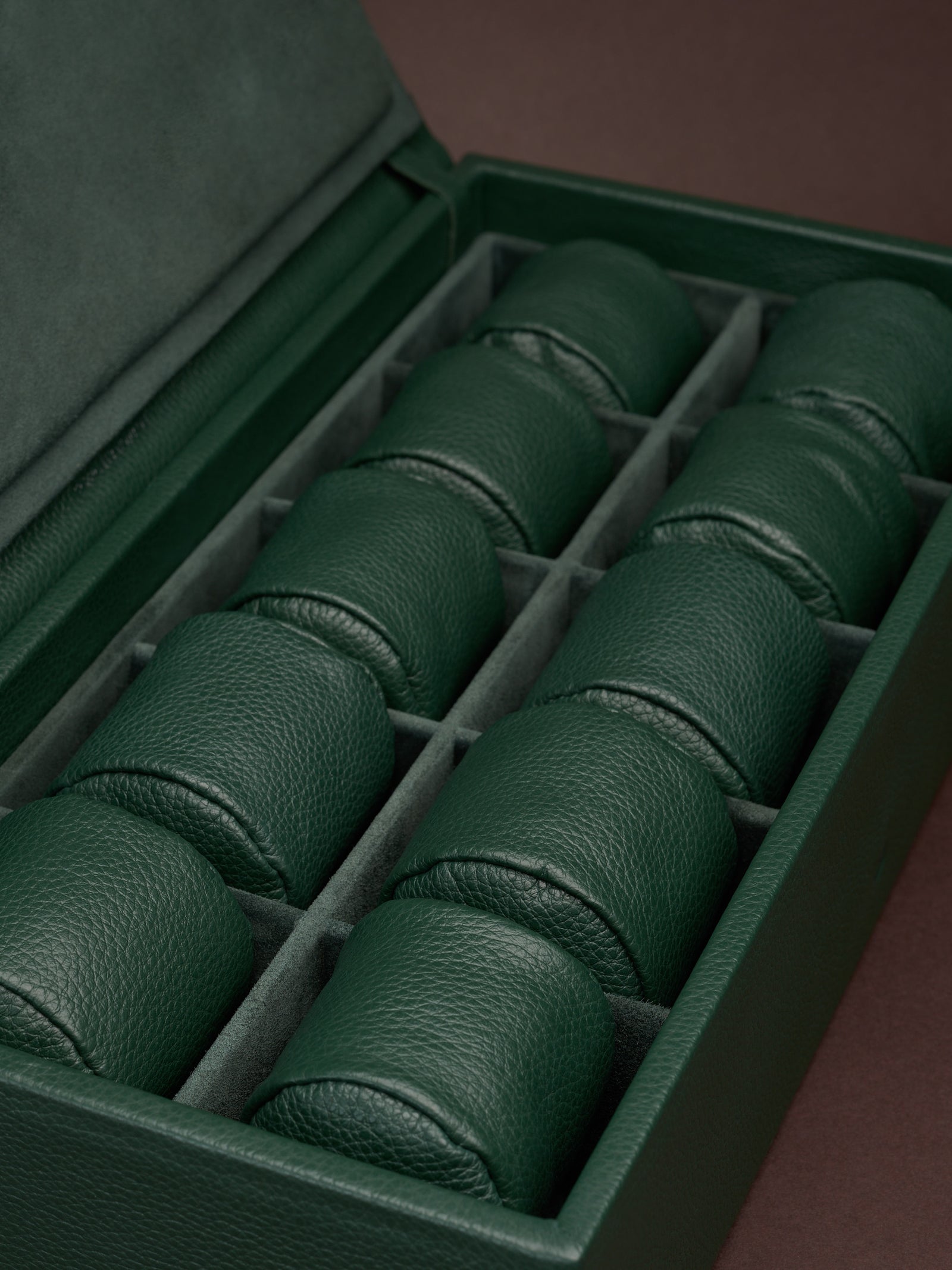 Watch lovers. Watch collectors. Watches for men. Watch accessories. Individual Cushions Made in Leather. Hard Watch Case. Luxury Watch Box Green by Capra Leather. Leather watch case for men. Made in premium leather and suede.