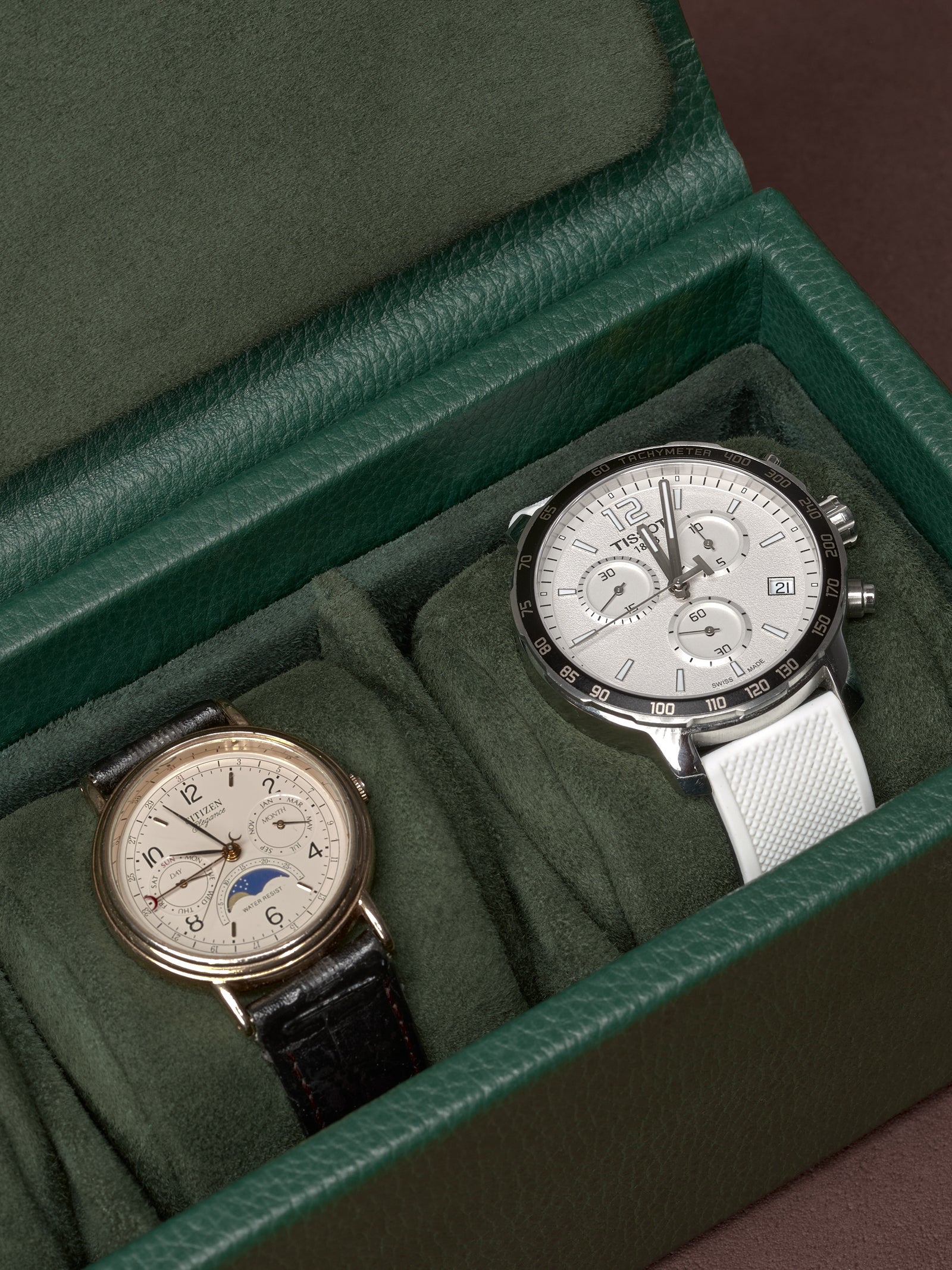 Soft Watch Pillows in Suede. Watch Case for Men. Best Watch Box Green by Capra Leather.