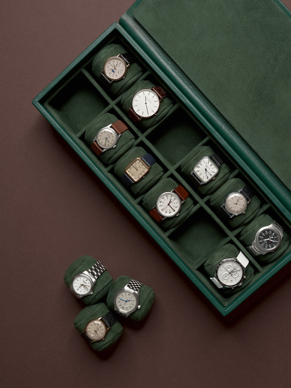 Leather Green Watch Box for 10 pieces.  Soft Suede Pillows. Watch Storage by Capra Leather.